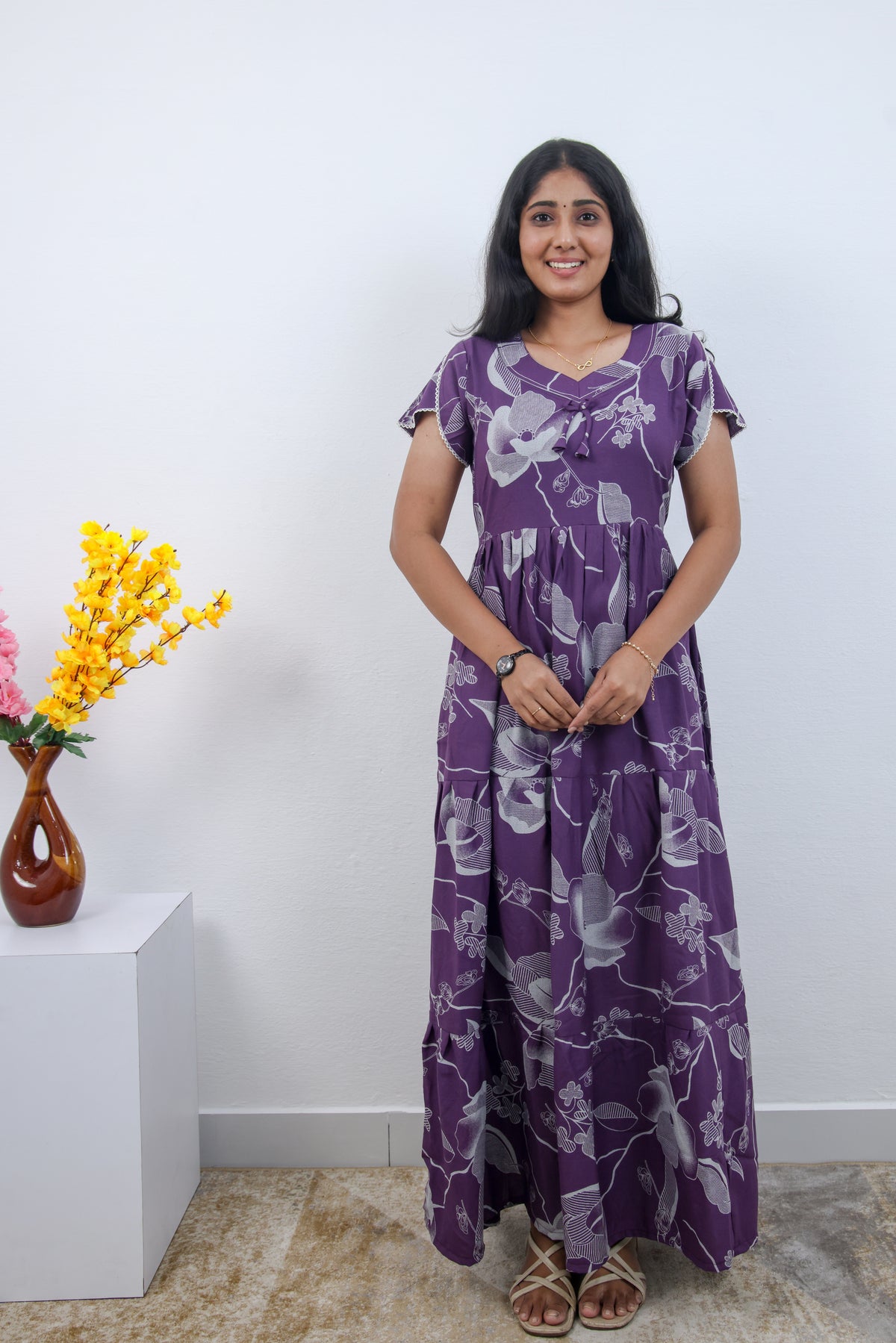 Stylish Alpine 3 Layer Frock Model Nighties| Fancy Sleeves & Neck Pattern| Side Pocket with Back Tie Rope | Perfect Nightwear Trendy Women's (AFK)