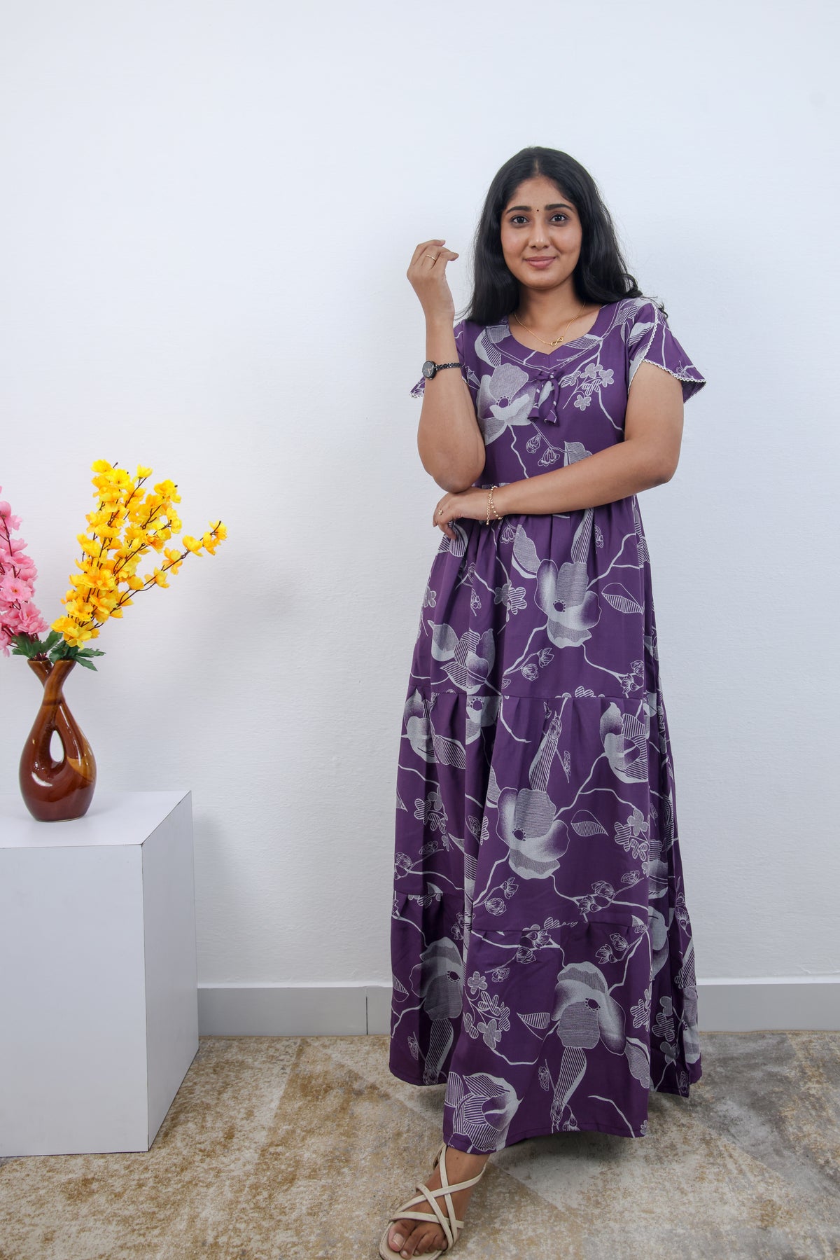 Stylish Alpine 3 Layer Frock Model Nighties| Fancy Sleeves & Neck Pattern| Side Pocket with Back Tie Rope | Perfect Nightwear Trendy Women's (AFK)