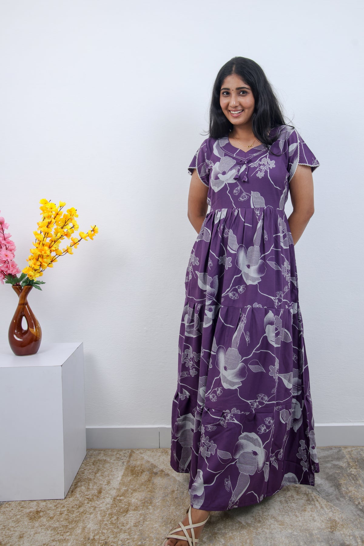 Stylish Alpine 3 Layer Frock Model Nighties| Fancy Sleeves & Neck Pattern| Side Pocket with Back Tie Rope | Perfect Nightwear Trendy Women's (AFK)