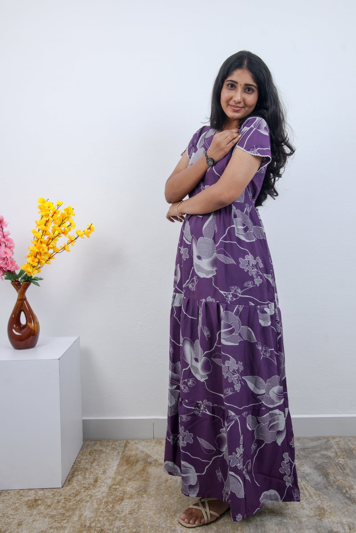 Stylish Alpine 3 Layer Frock Model Nighties| Fancy Sleeves & Neck Pattern| Side Pocket with Back Tie Rope | Perfect Nightwear Trendy Women's (AFK)