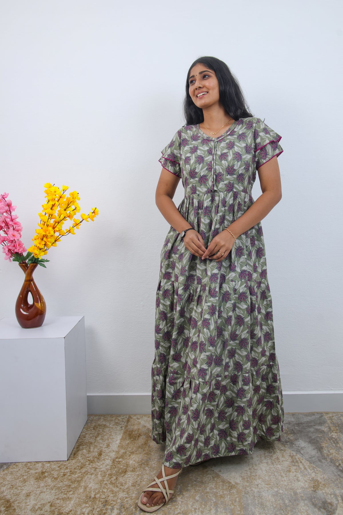 Stylish Alpine 3 Layer Frock Model Nighties| Fancy Sleeves & Neck Pattern| Side Pocket with Back Tie Rope | Perfect Nightwear Trendy Women's (AFK)