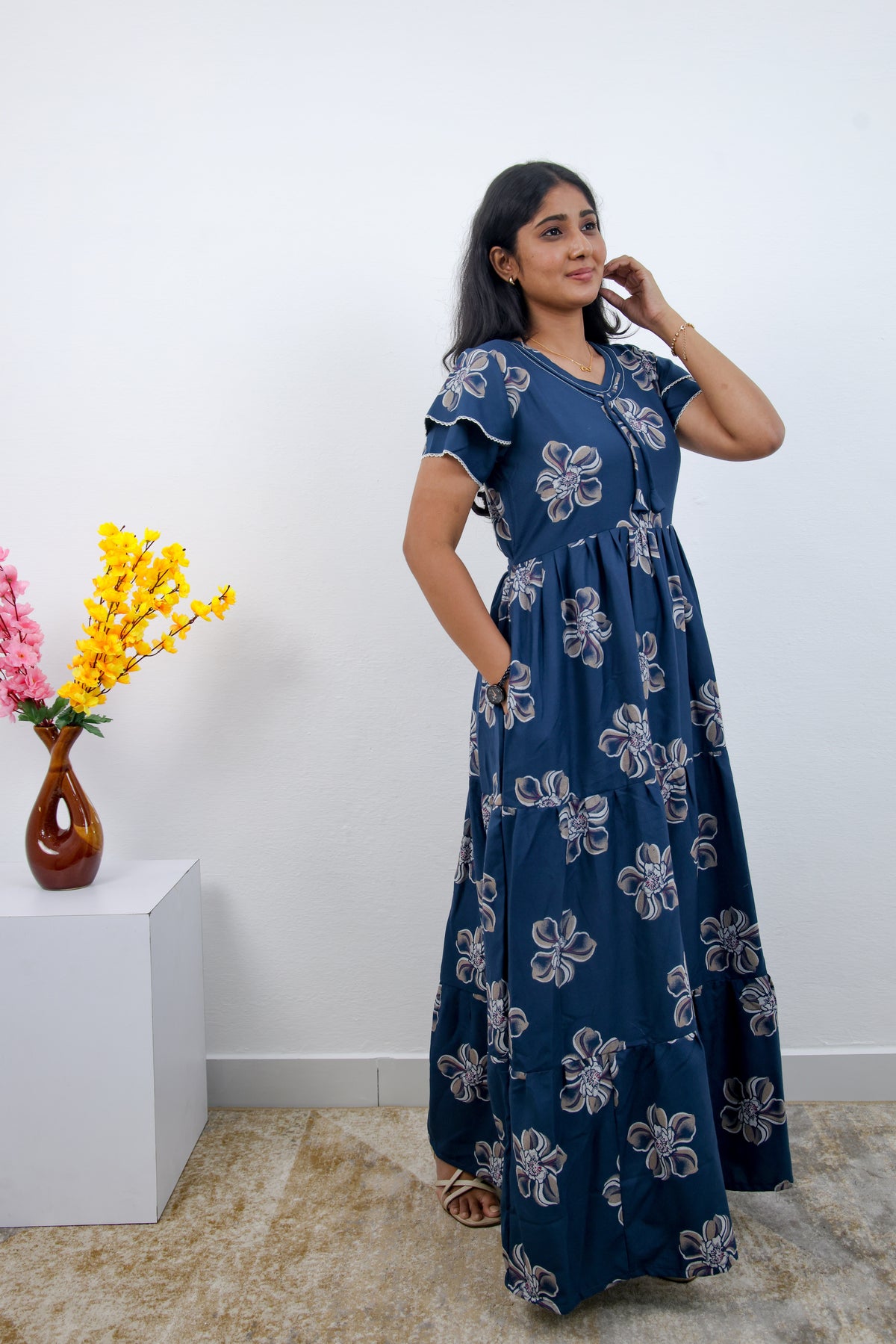 Stylish Alpine 3 Layer Frock Model Nighties| Fancy Sleeves & Neck Pattern| Side Pocket with Back Tie Rope | Perfect Nightwear Trendy Women's (AFK)