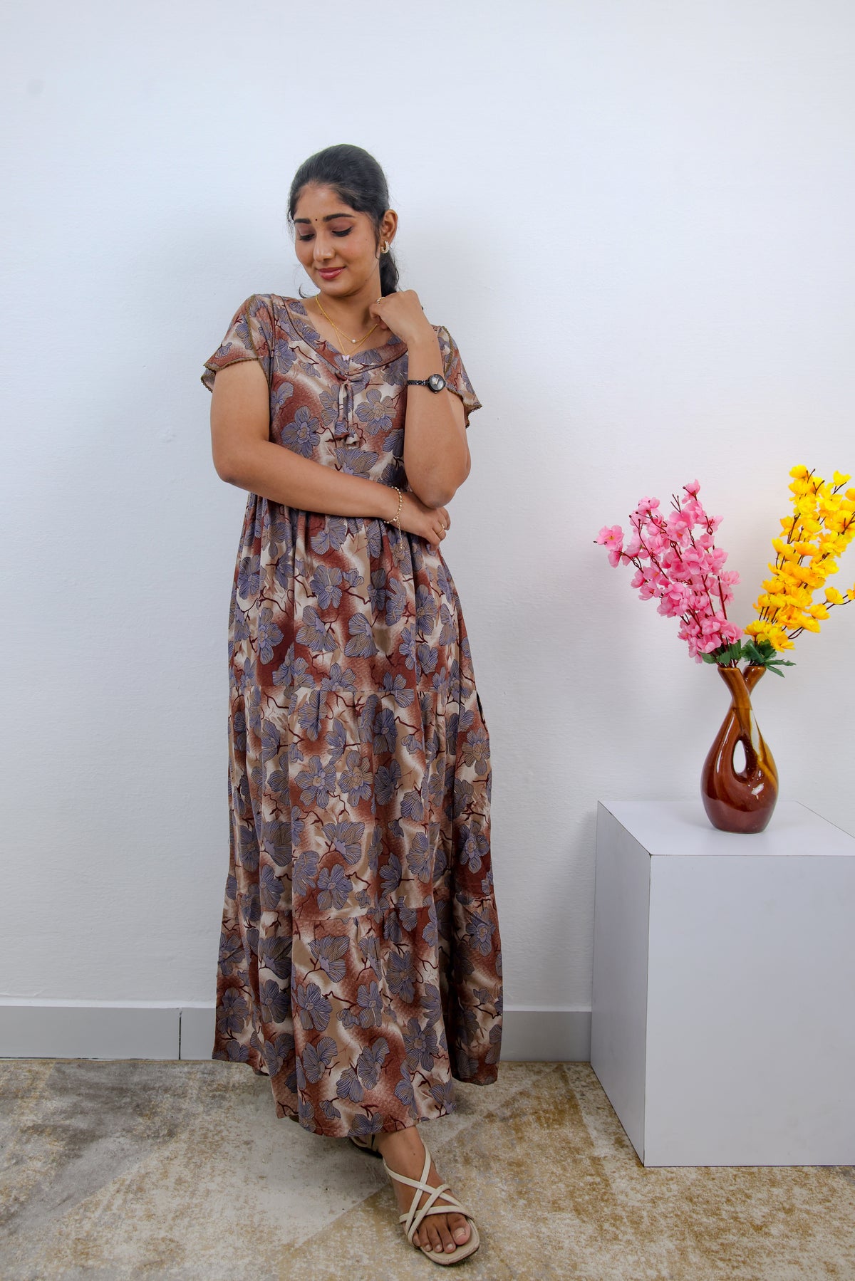 Stylish Alpine 3 Layer Frock Model Nighties| Fancy Sleeves & Neck Pattern| Side Pocket with Back Tie Rope | Perfect Nightwear Trendy Women's (AFK)