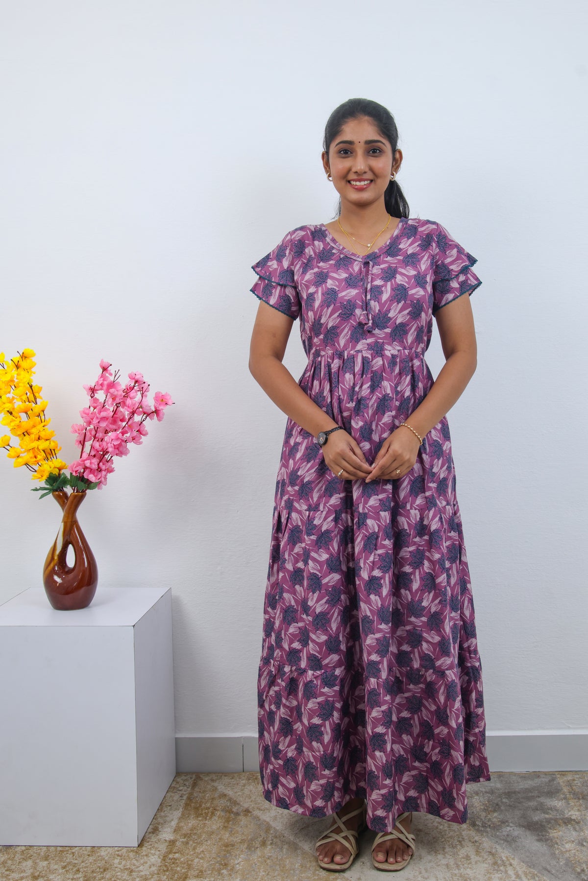 Stylish Alpine 3 Layer Frock Model Nighties| Fancy Sleeves & Neck Pattern| Side Pocket with Back Tie Rope | Perfect Nightwear Trendy Women's (AFK)