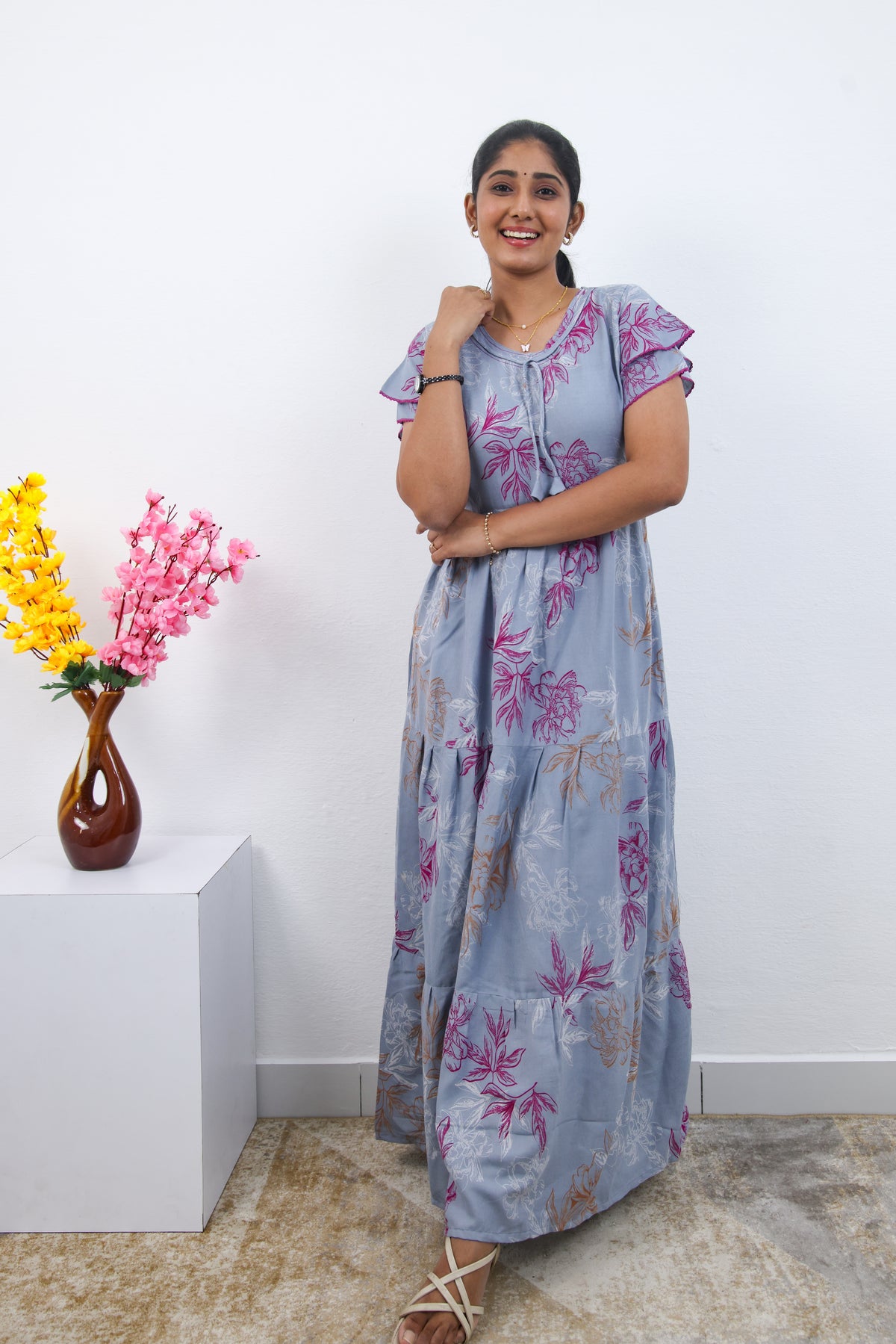 Stylish Alpine 3 Layer Frock Model Nighties| Fancy Sleeves & Neck Pattern| Side Pocket with Back Tie Rope | Perfect Nightwear Trendy Women's (AFK)