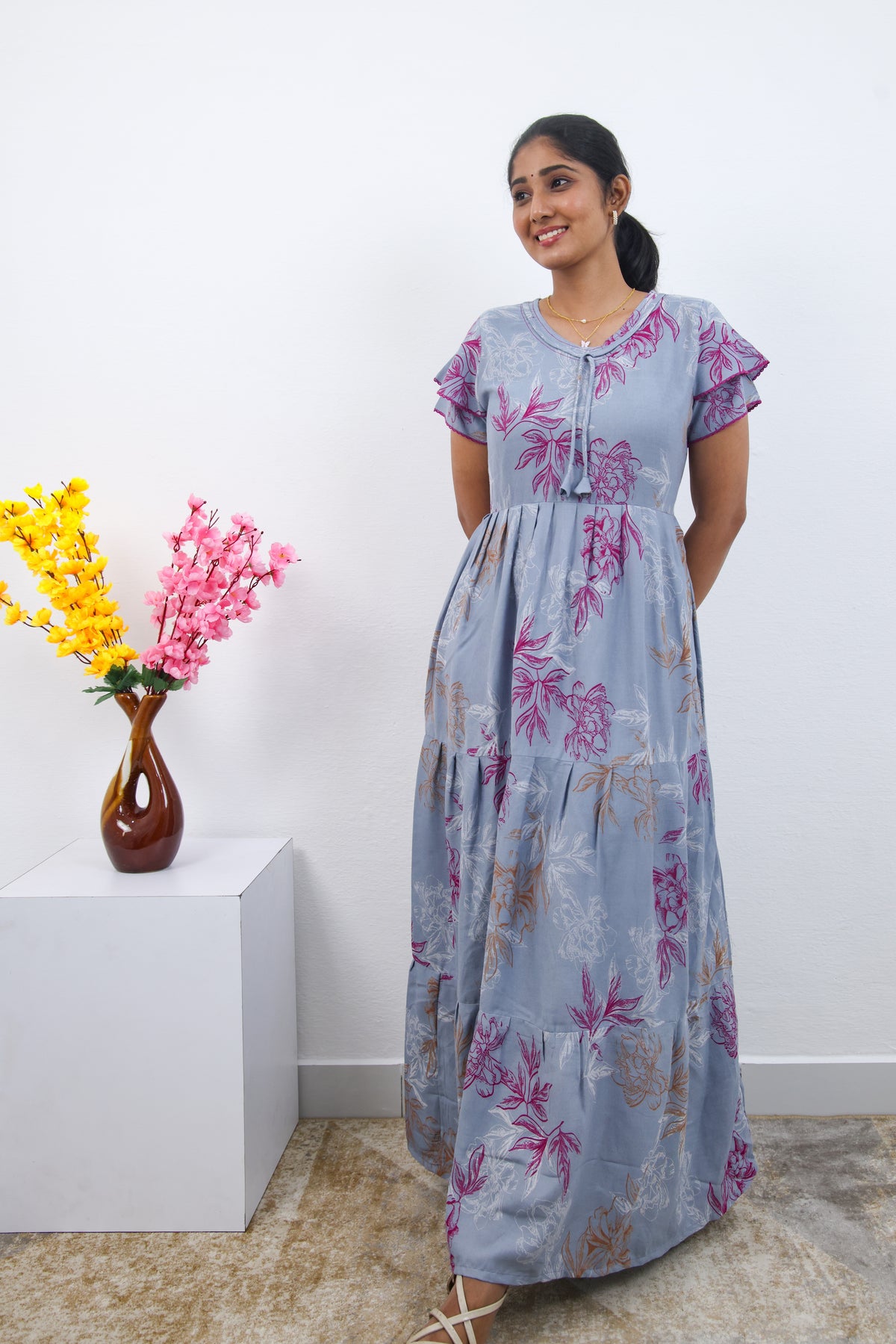 Stylish Alpine 3 Layer Frock Model Nighties| Fancy Sleeves & Neck Pattern| Side Pocket with Back Tie Rope | Perfect Nightwear Trendy Women's (AFK)