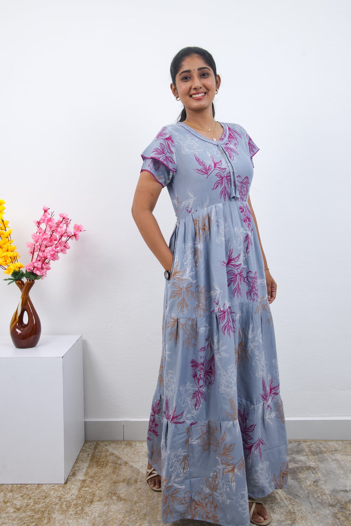 Stylish Alpine 3 Layer Frock Model Nighties| Fancy Sleeves & Neck Pattern| Side Pocket with Back Tie Rope | Perfect Nightwear Trendy Women's (AFK)