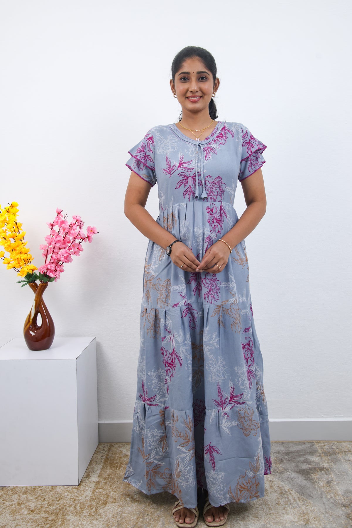 Stylish Alpine 3 Layer Frock Model Nighties| Fancy Sleeves & Neck Pattern| Side Pocket with Back Tie Rope | Perfect Nightwear Trendy Women's (AFK)