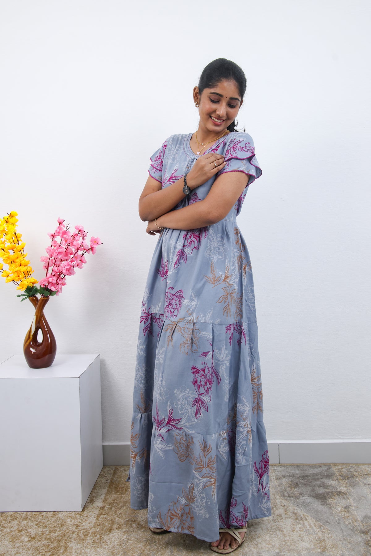 Stylish Alpine 3 Layer Frock Model Nighties| Fancy Sleeves & Neck Pattern| Side Pocket with Back Tie Rope | Perfect Nightwear Trendy Women's (AFK)