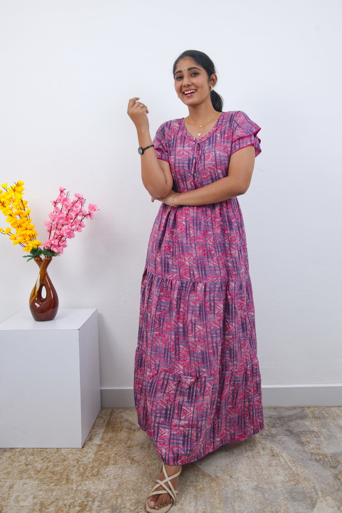 Stylish Alpine 3 Layer Frock Model Nighties| Fancy Sleeves & Neck Pattern| Side Pocket with Back Tie Rope | Perfect Nightwear Trendy Women's (AFK)