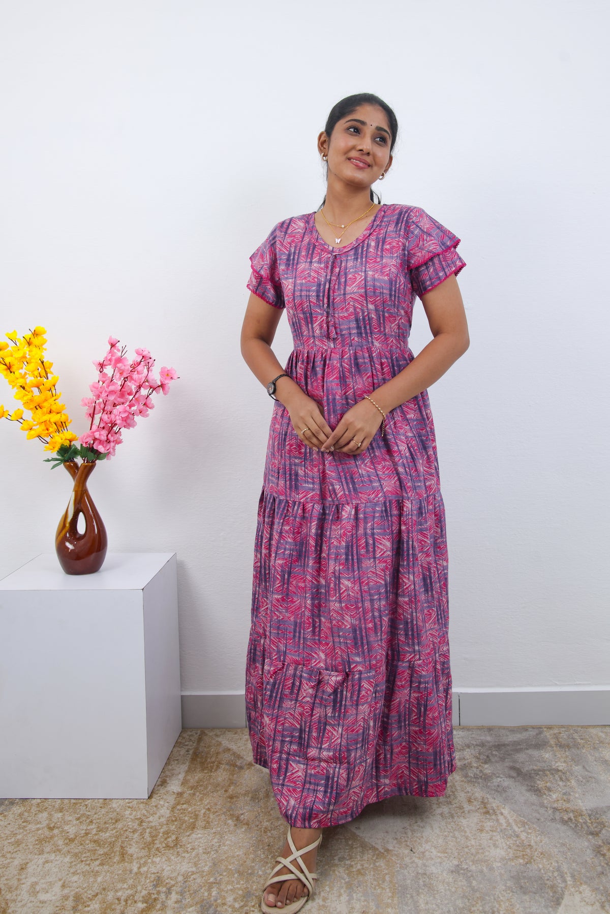 Stylish Alpine 3 Layer Frock Model Nighties| Fancy Sleeves & Neck Pattern| Side Pocket with Back Tie Rope | Perfect Nightwear Trendy Women's (AFK)