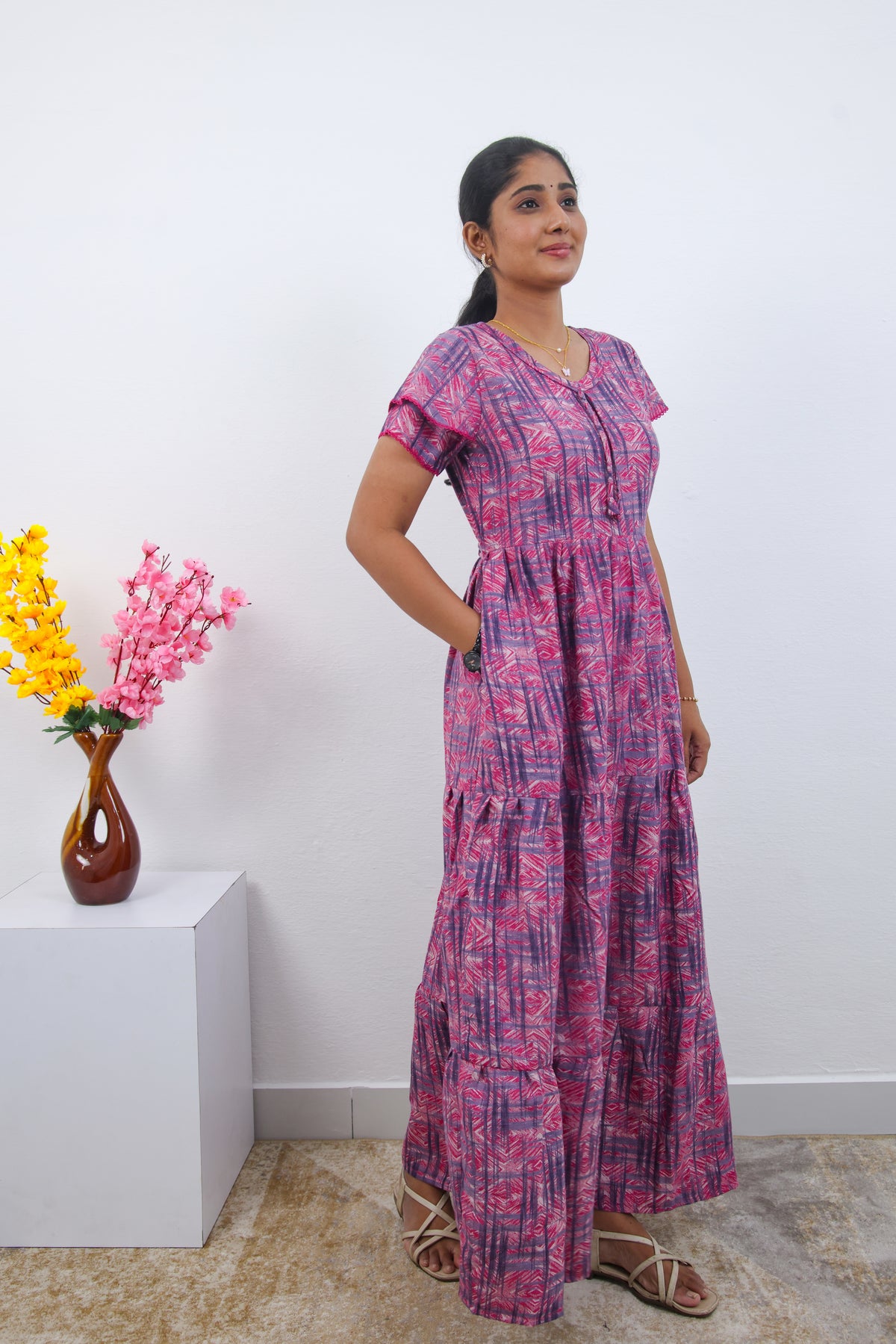 Stylish Alpine 3 Layer Frock Model Nighties| Fancy Sleeves & Neck Pattern| Side Pocket with Back Tie Rope | Perfect Nightwear Trendy Women's (AFK)