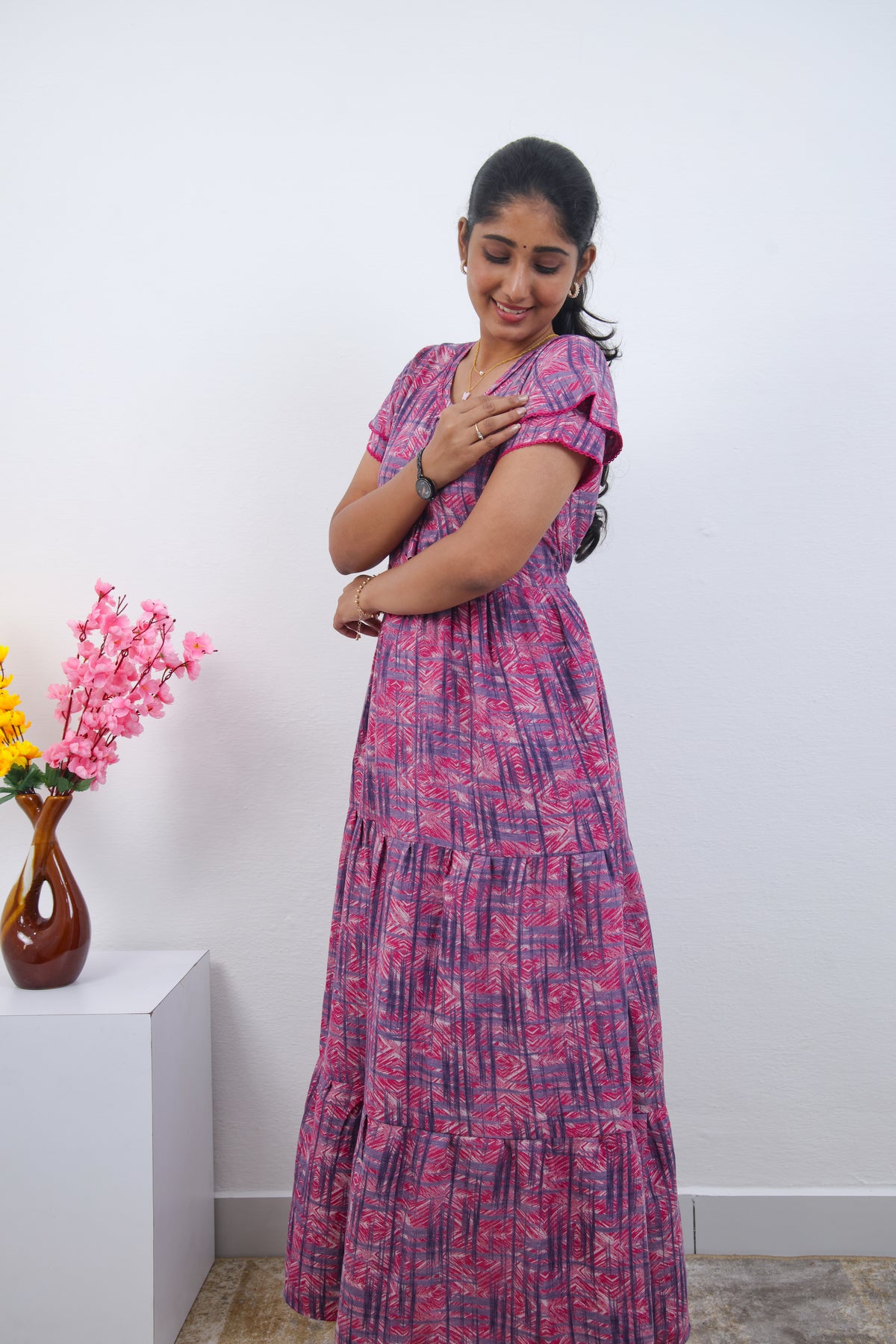 Stylish Alpine 3 Layer Frock Model Nighties| Fancy Sleeves & Neck Pattern| Side Pocket with Back Tie Rope | Perfect Nightwear Trendy Women's (AFK)