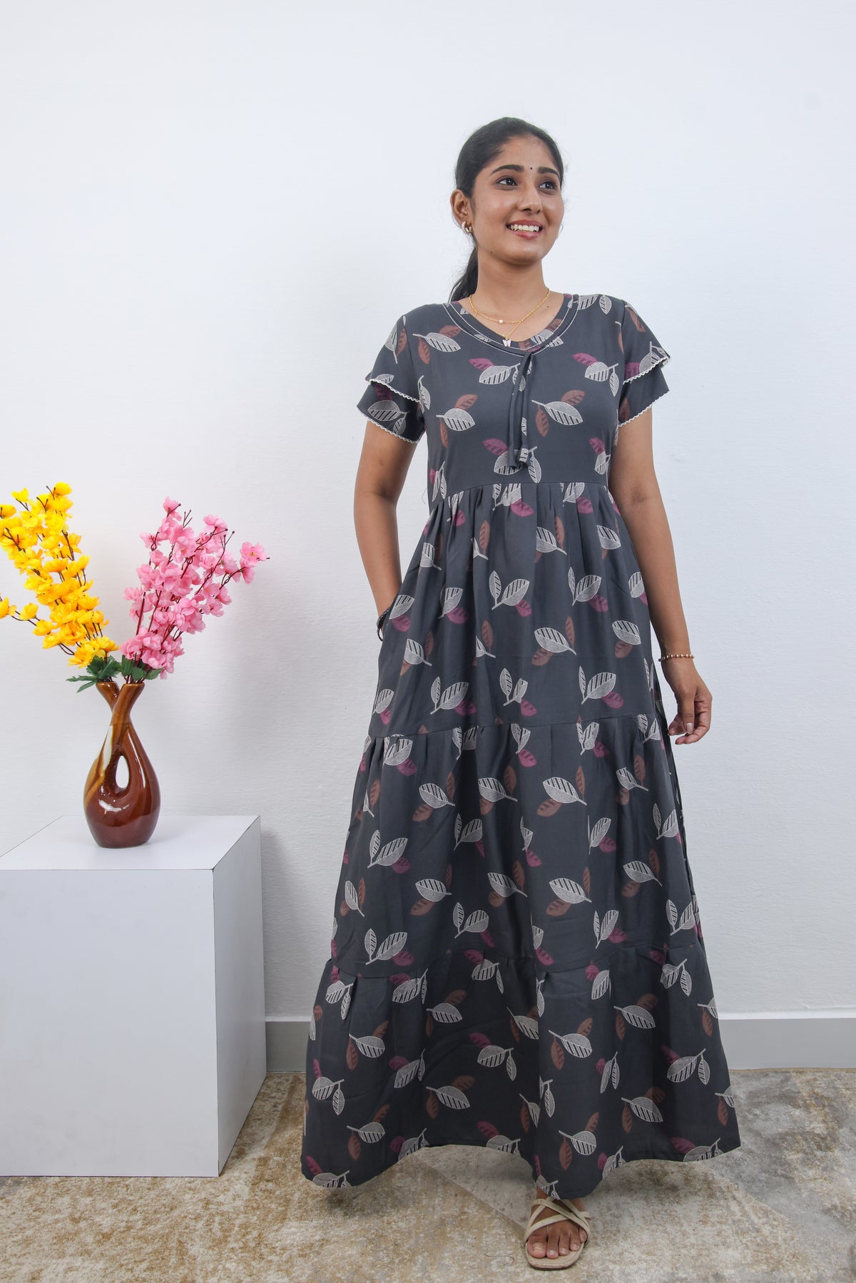 Stylish Alpine 3 Layer Frock Model Nighties| Fancy Sleeves & Neck Pattern| Side Pocket with Back Tie Rope | Perfect Nightwear Trendy Women's (AFK)