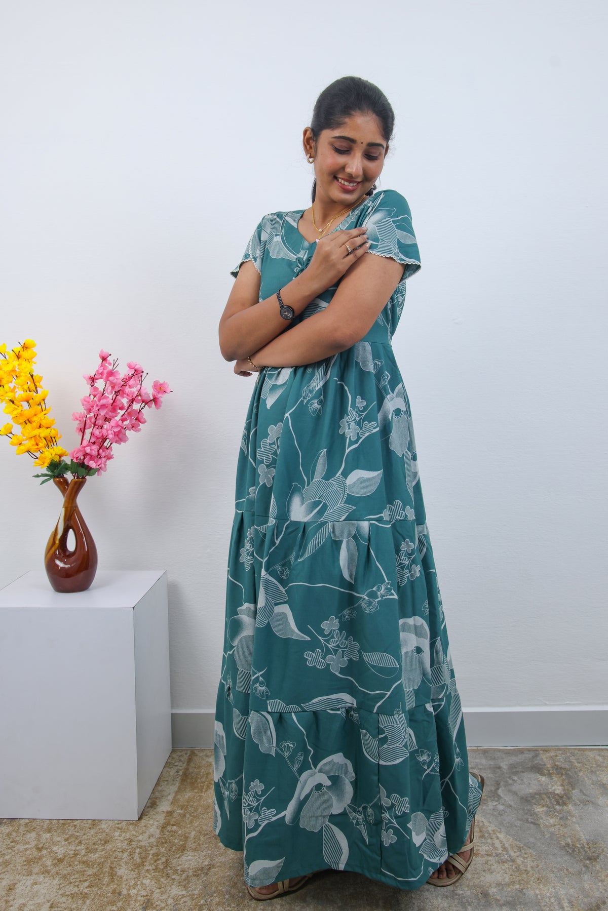 Stylish Alpine 3 Layer Frock Model Nighties| Fancy Sleeves & Neck Pattern| Side Pocket with Back Tie Rope | Perfect Nightwear Trendy Women's (AFK)