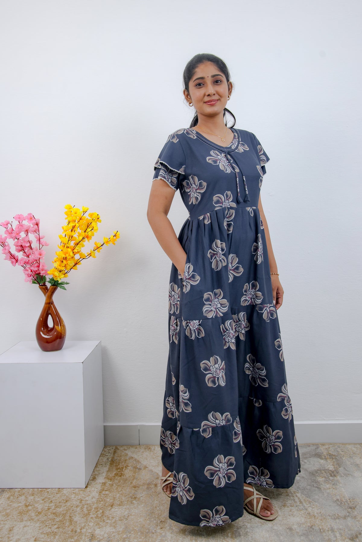 Stylish Alpine 3 Layer Frock Model Nighties| Fancy Sleeves & Neck Pattern| Side Pocket with Back Tie Rope | Perfect Nightwear Trendy Women's (AFK)