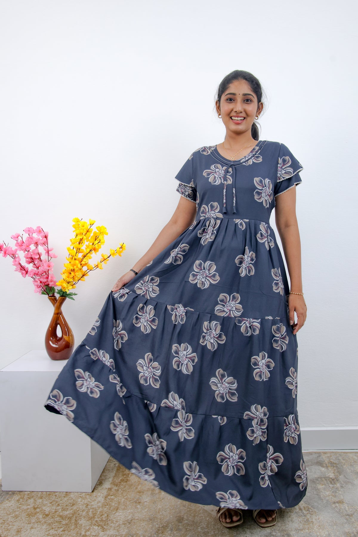 Stylish Alpine 3 Layer Frock Model Nighties| Fancy Sleeves & Neck Pattern| Side Pocket with Back Tie Rope | Perfect Nightwear Trendy Women's (AFK)