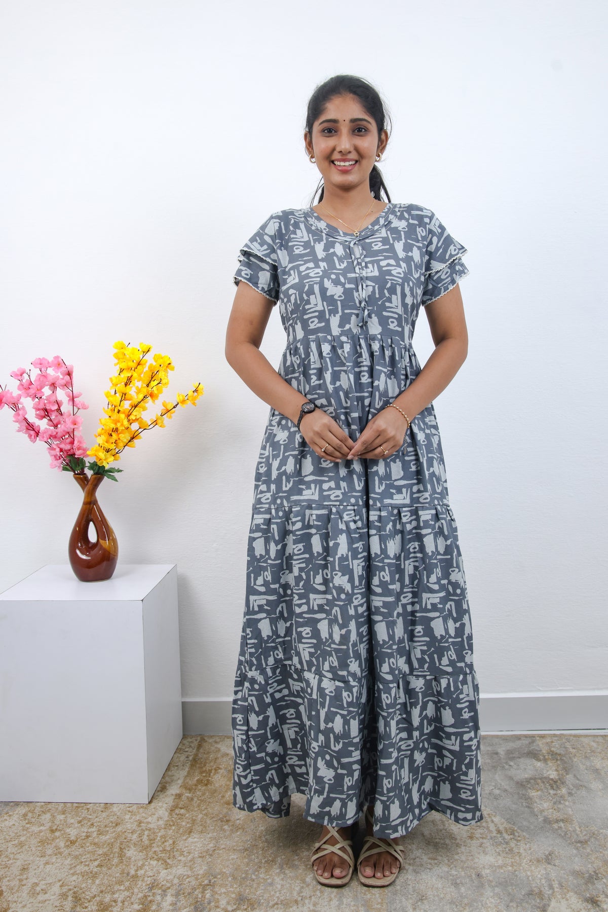 Stylish Alpine 3 Layer Frock Model Nighties| Fancy Sleeves & Neck Pattern| Side Pocket with Back Tie Rope | Perfect Nightwear Trendy Women's (AFK)