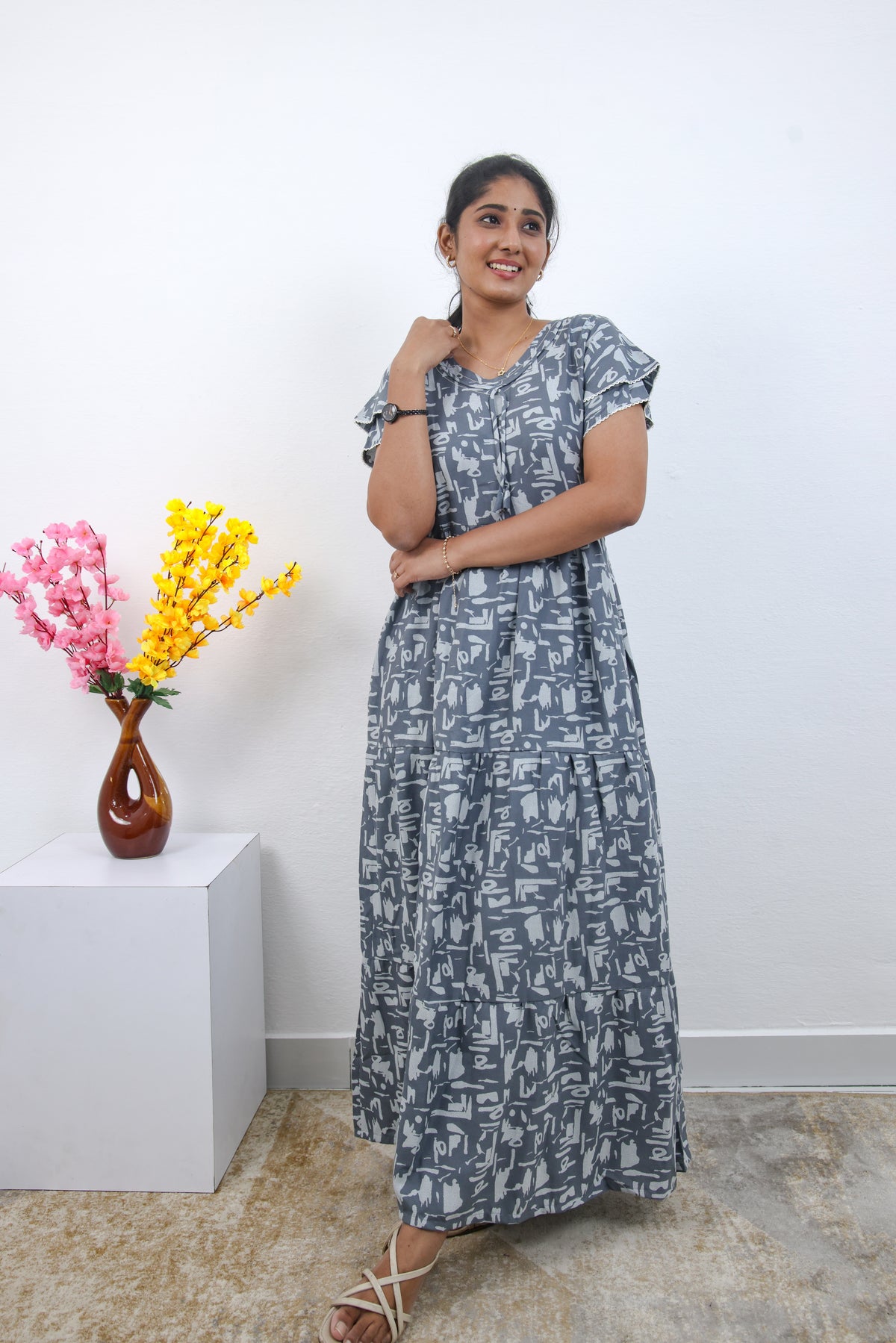 Stylish Alpine 3 Layer Frock Model Nighties| Fancy Sleeves & Neck Pattern| Side Pocket with Back Tie Rope | Perfect Nightwear Trendy Women's (AFK)