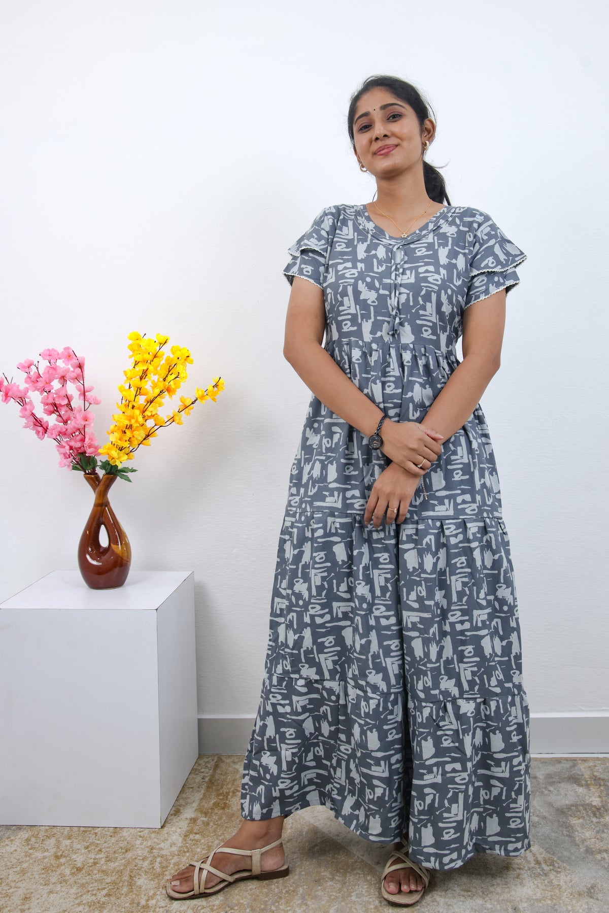 Stylish Alpine 3 Layer Frock Model Nighties| Fancy Sleeves & Neck Pattern| Side Pocket with Back Tie Rope | Perfect Nightwear Trendy Women's (AFK)