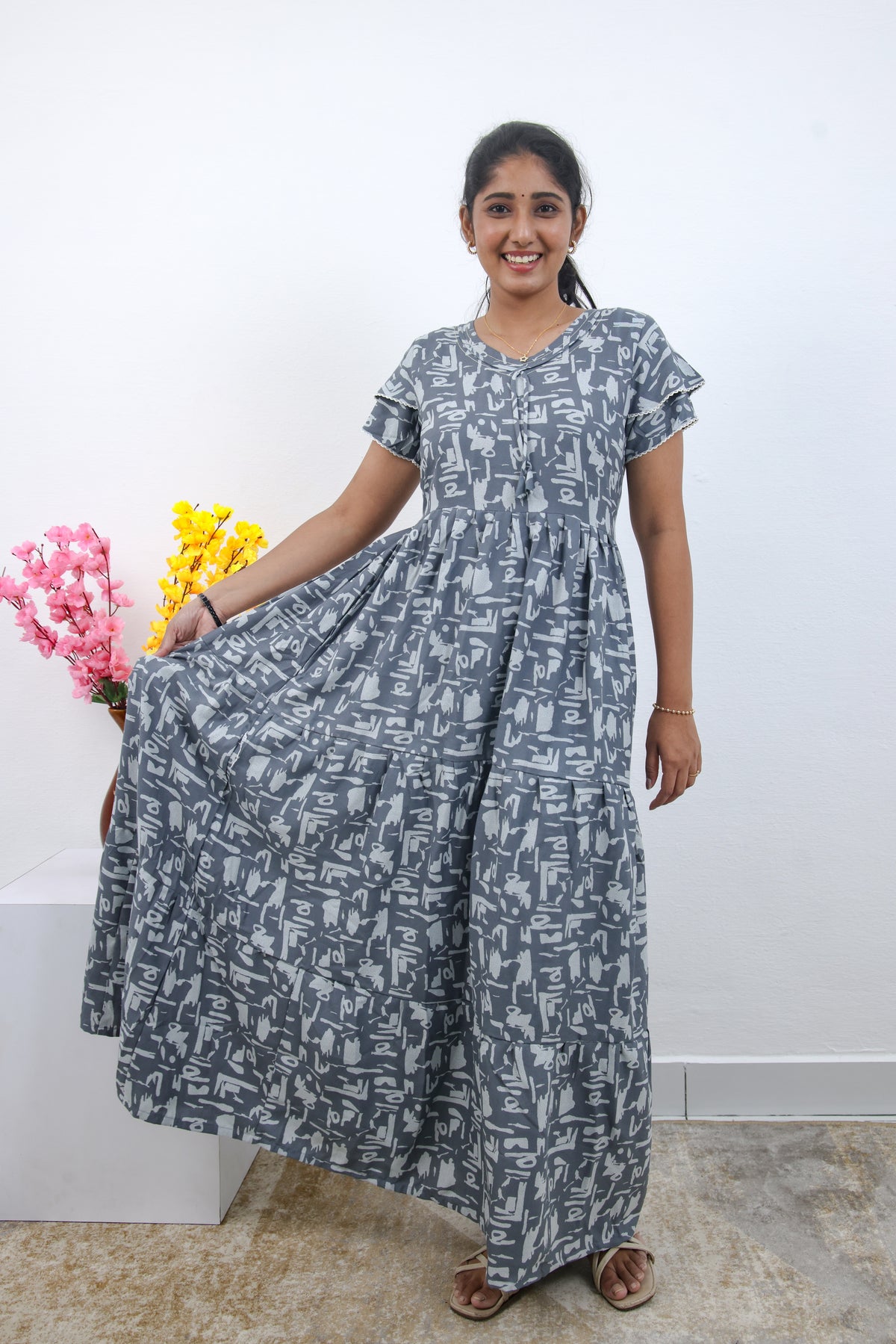 Stylish Alpine 3 Layer Frock Model Nighties| Fancy Sleeves & Neck Pattern| Side Pocket with Back Tie Rope | Perfect Nightwear Trendy Women's (AFK)