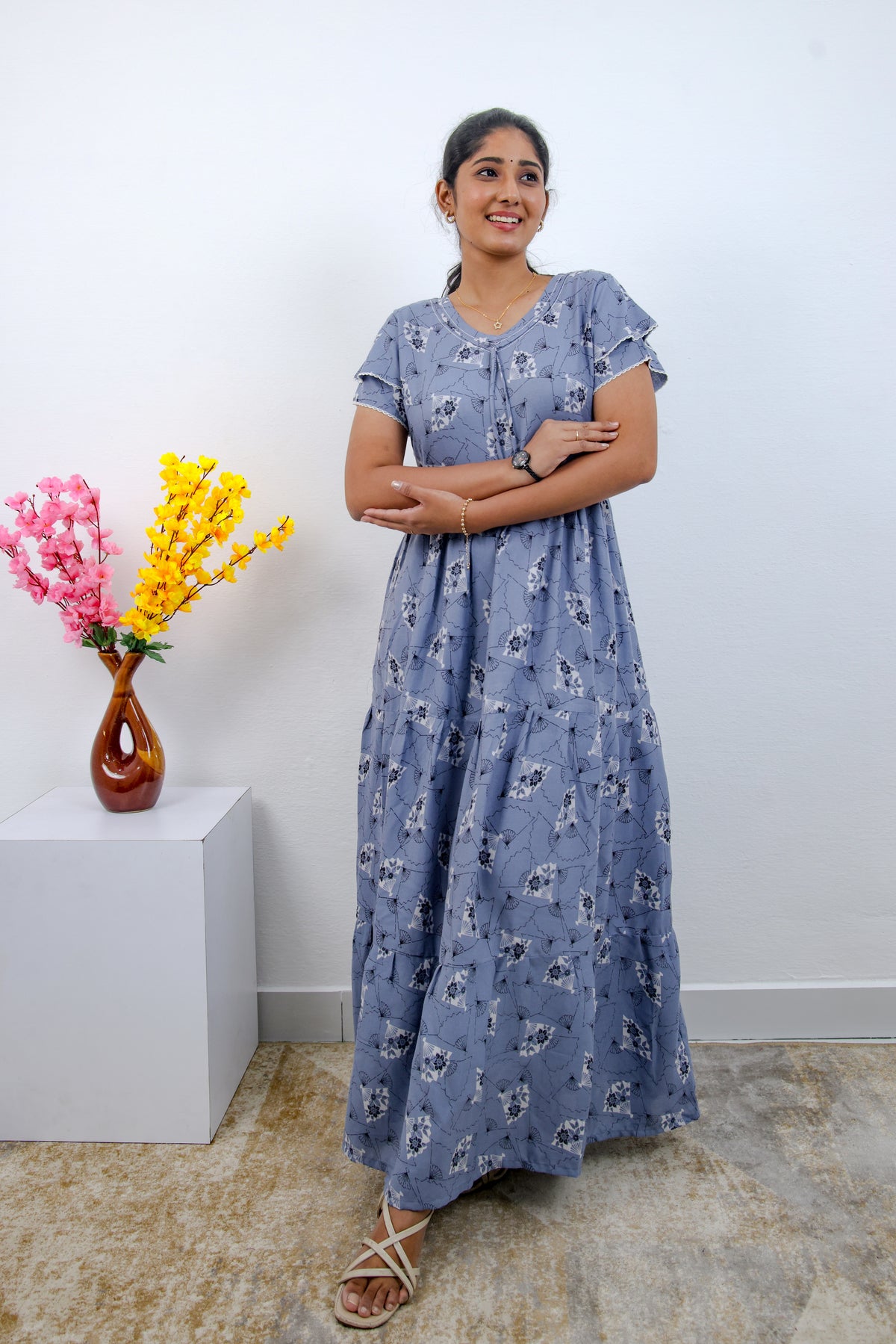 Stylish Alpine 3 Layer Frock Model Nighties| Fancy Sleeves & Neck Pattern| Side Pocket with Back Tie Rope | Perfect Nightwear Trendy Women's (AFK)