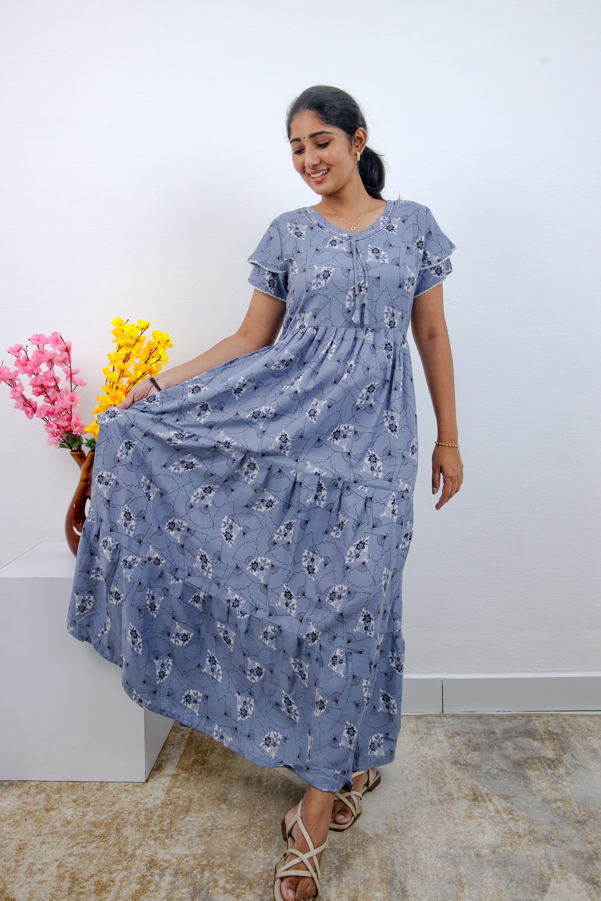 Stylish Alpine 3 Layer Frock Model Nighties| Fancy Sleeves & Neck Pattern| Side Pocket with Back Tie Rope | Perfect Nightwear Trendy Women's (AFK)