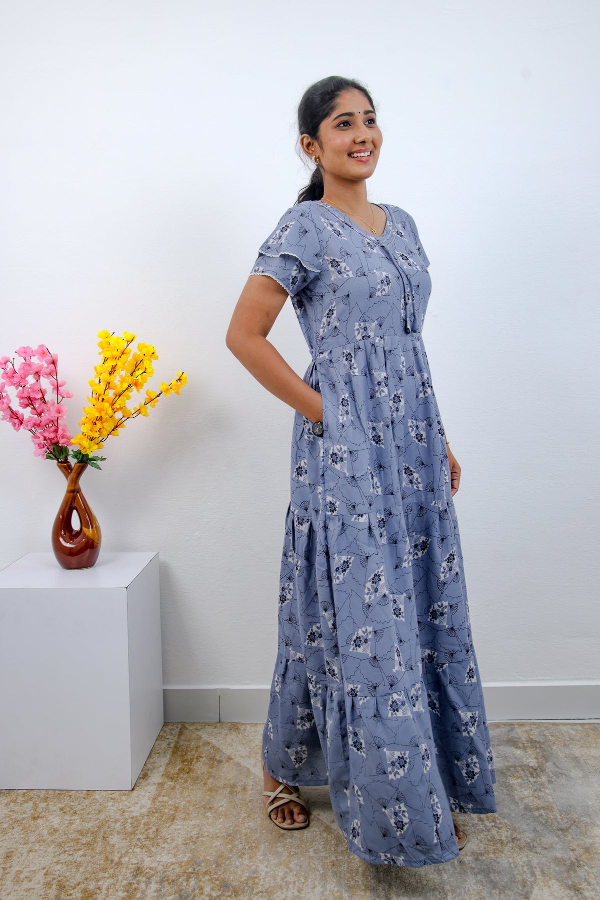 Stylish Alpine 3 Layer Frock Model Nighties| Fancy Sleeves & Neck Pattern| Side Pocket with Back Tie Rope | Perfect Nightwear Trendy Women's (AFK)