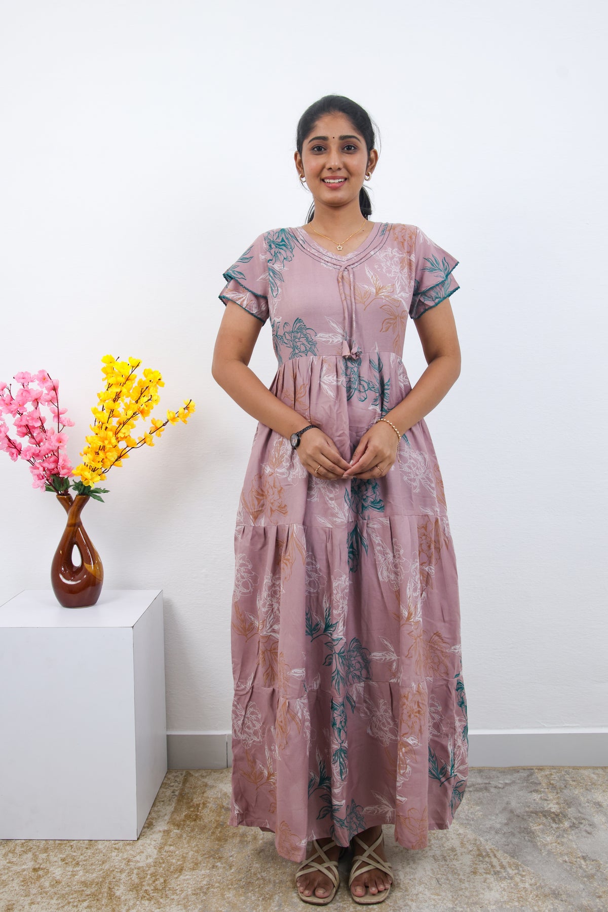 Stylish Alpine 3 Layer Frock Model Nighties| Fancy Sleeves & Neck Pattern| Side Pocket with Back Tie Rope | Perfect Nightwear Trendy Women's (AFK)