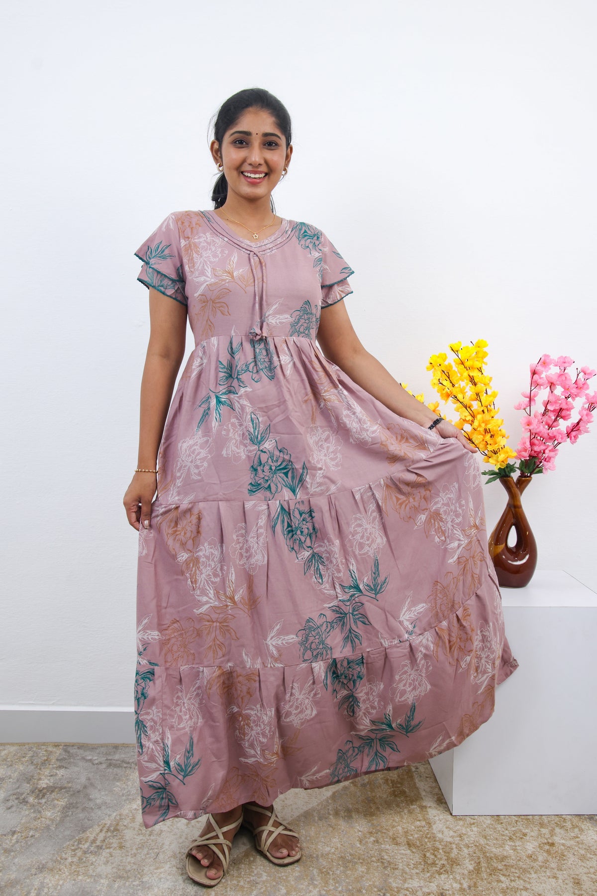 Stylish Alpine 3 Layer Frock Model Nighties| Fancy Sleeves & Neck Pattern| Side Pocket with Back Tie Rope | Perfect Nightwear Trendy Women's (AFK)