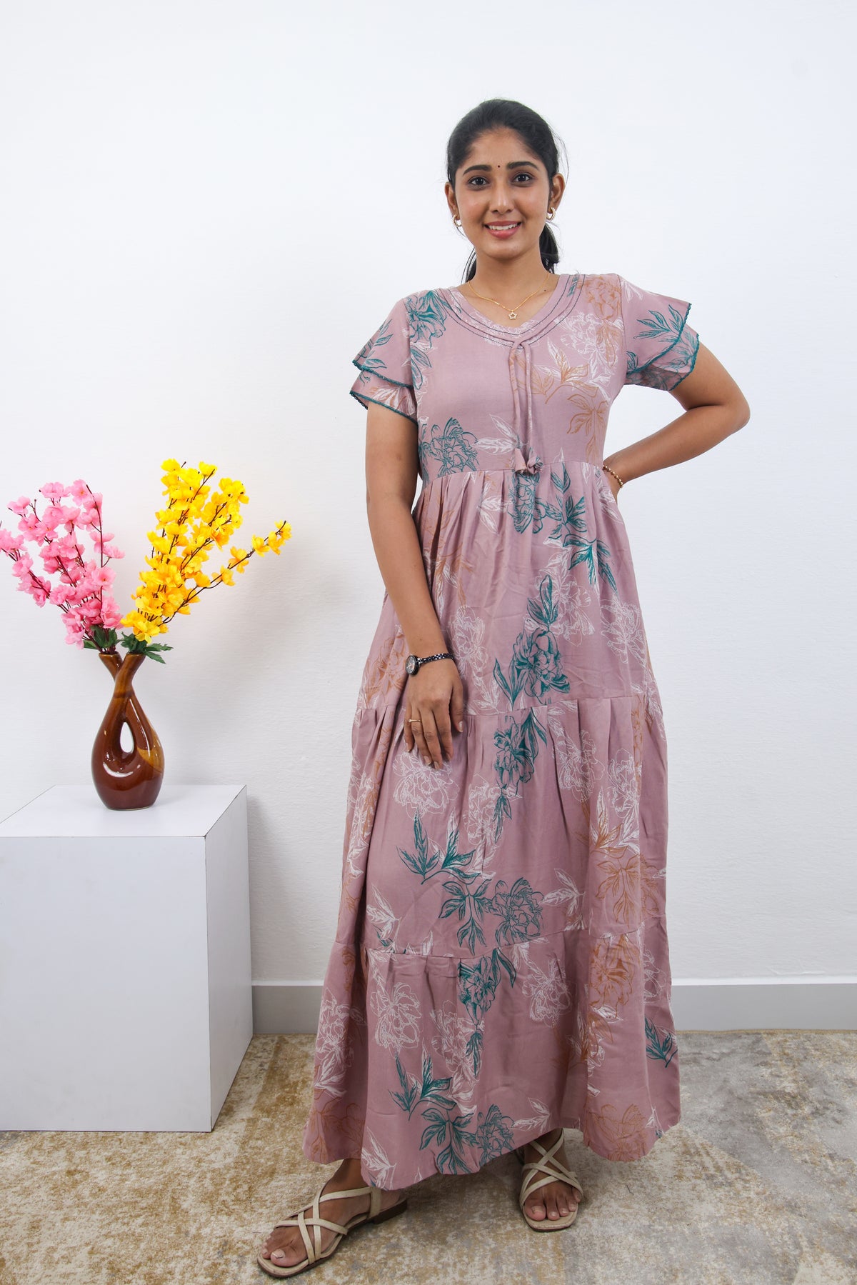 Stylish Alpine 3 Layer Frock Model Nighties| Fancy Sleeves & Neck Pattern| Side Pocket with Back Tie Rope | Perfect Nightwear Trendy Women's (AFK)