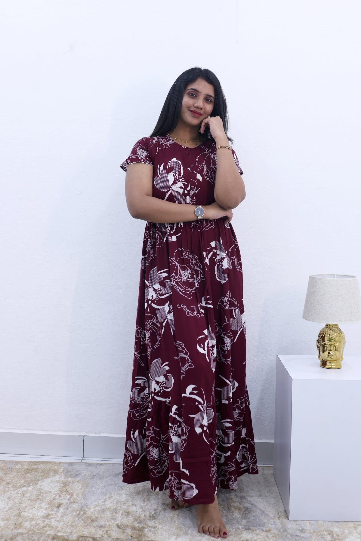 Imported Rayon Gathering Frock Model Night Gown's | Front Adjustable Gathering Style Rope Rope | Front Closed Button | Double Layer Sleeve | Trending Collection's for Stylish Women's (IRF)