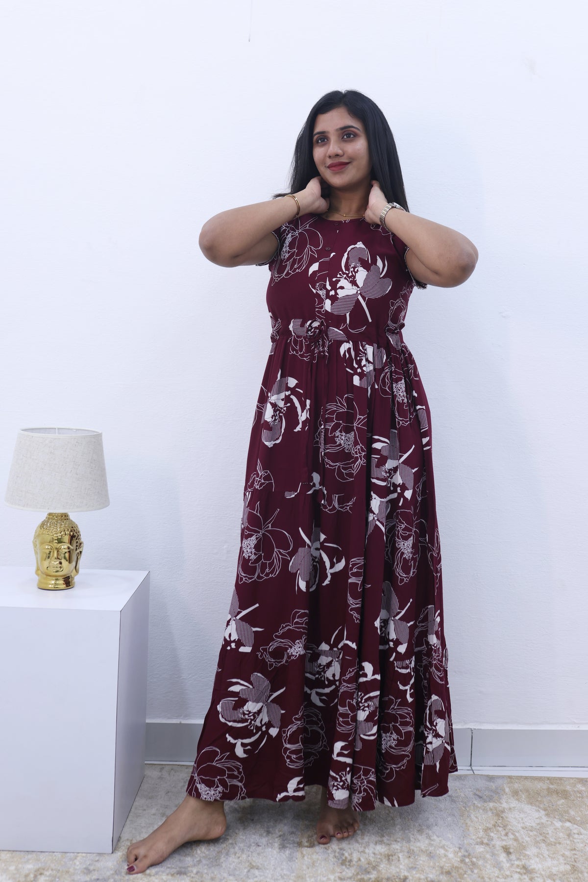 Imported Rayon Gathering Frock Model Night Gown's | Front Adjustable Gathering Style Rope Rope | Front Closed Button | Double Layer Sleeve | Trending Collection's for Stylish Women's (IRF)