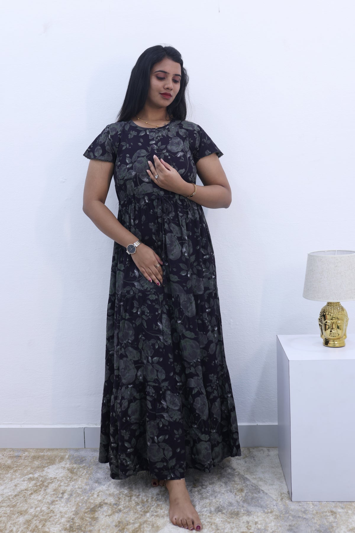 Imported Rayon Gathering Frock Model Night Gown's | Front Adjustable Gathering Style Rope Rope | Front Closed Button | Double Layer Sleeve | Trending Collection's for Stylish Women's (IRF)