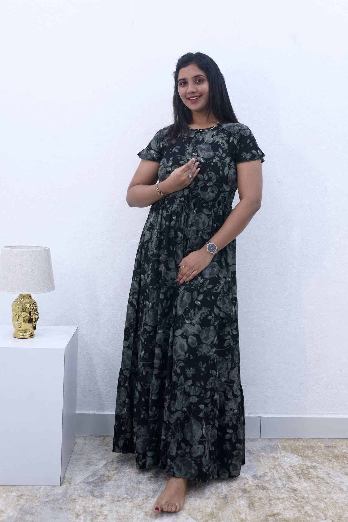 Imported Rayon Gathering Frock Model Night Gown's | Front Adjustable Gathering Style Rope Rope | Front Closed Button | Double Layer Sleeve | Trending Collection's for Stylish Women's (IRF)