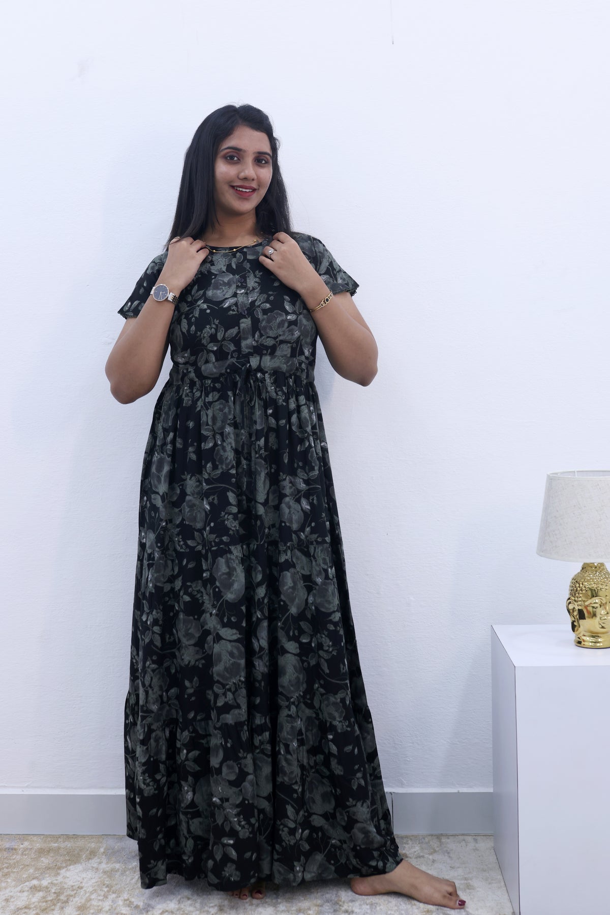 Imported Rayon Gathering Frock Model Night Gown's | Front Adjustable Gathering Style Rope Rope | Front Closed Button | Double Layer Sleeve | Trending Collection's for Stylish Women's (IRF)