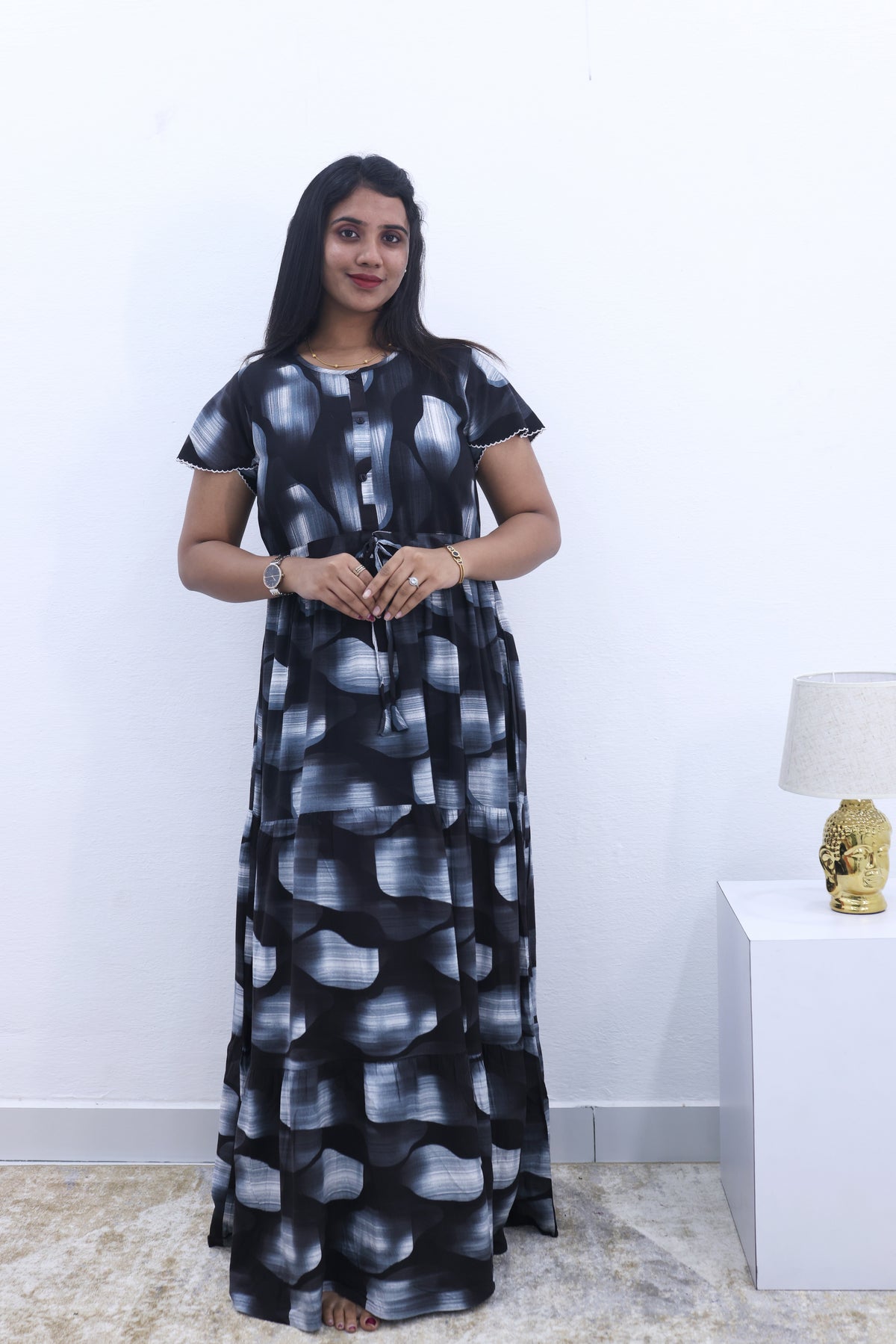 Imported Rayon Gathering Frock Model Night Gown's | Front Adjustable Gathering Style Rope Rope | Front Closed Button | Double Layer Sleeve | Trending Collection's for Stylish Women's (IRF)