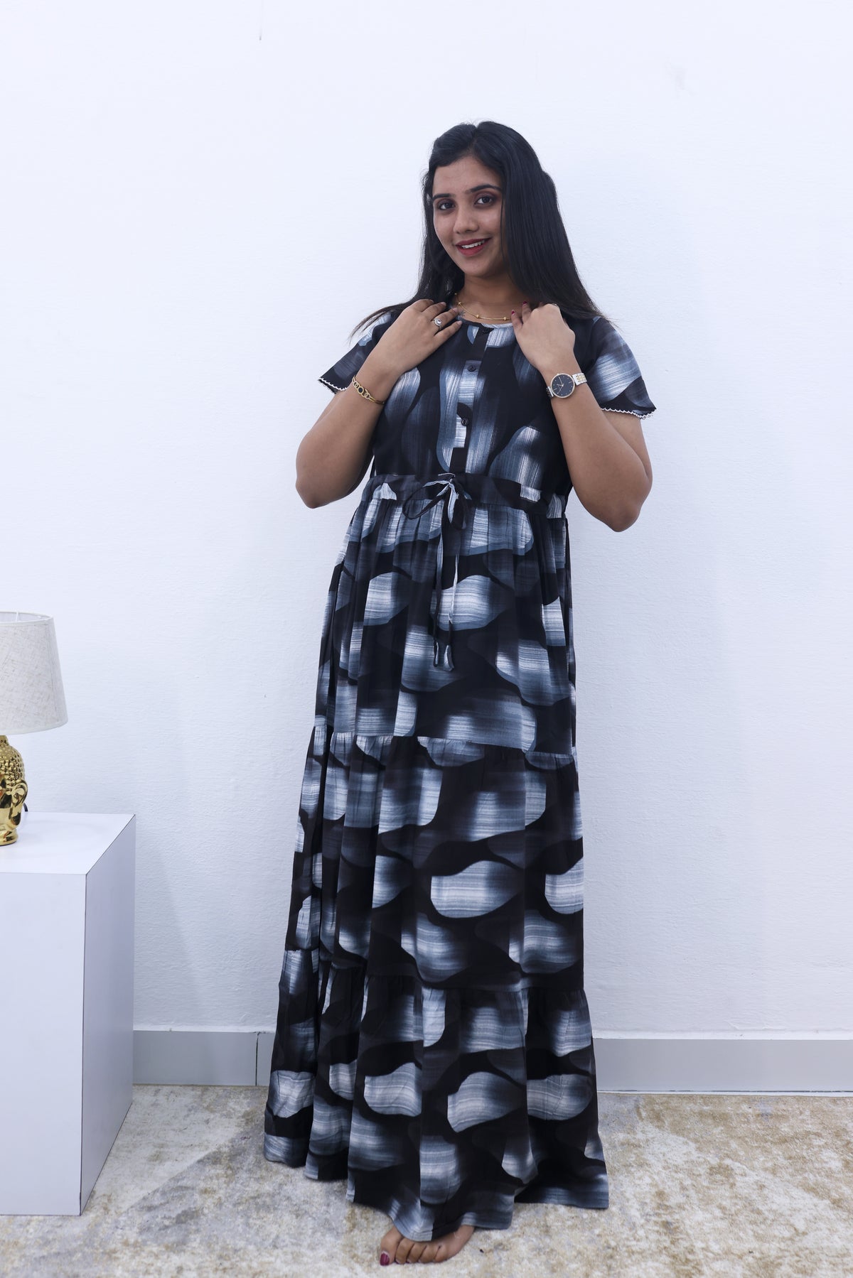 Imported Rayon Gathering Frock Model Night Gown's | Front Adjustable Gathering Style Rope Rope | Front Closed Button | Double Layer Sleeve | Trending Collection's for Stylish Women's (IRF)