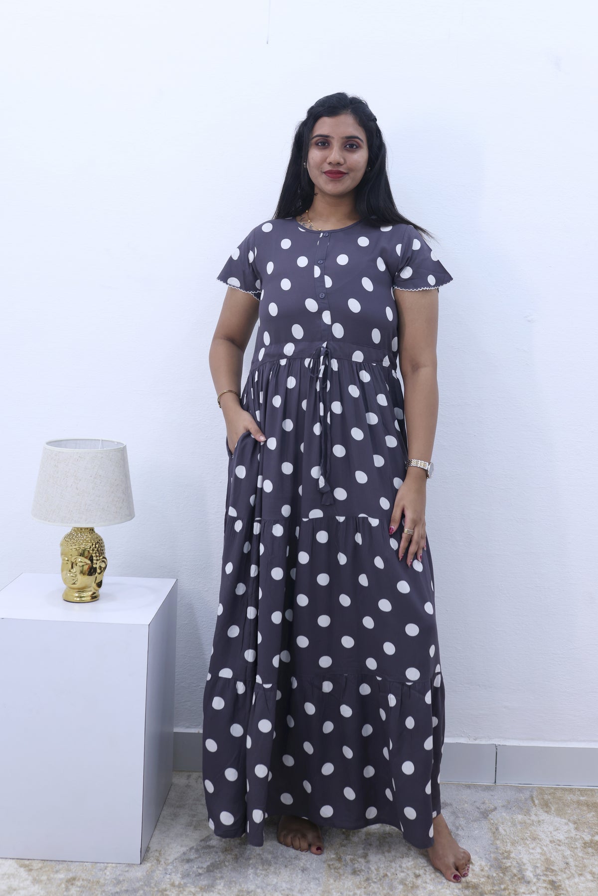 Imported Rayon Gathering Frock Model Night Gown's | Front Adjustable Gathering Style Rope Rope | Front Closed Button | Double Layer Sleeve | Trending Collection's for Stylish Women's (IRF)