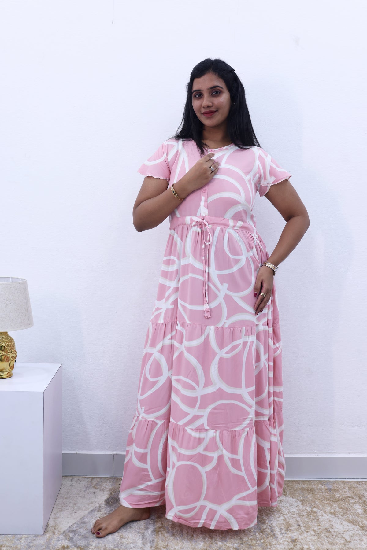 Imported Rayon Gathering Frock Model Night Gown's | Front Adjustable Gathering Style Rope Rope | Front Closed Button | Double Layer Sleeve | Trending Collection's for Stylish Women's (IRF)