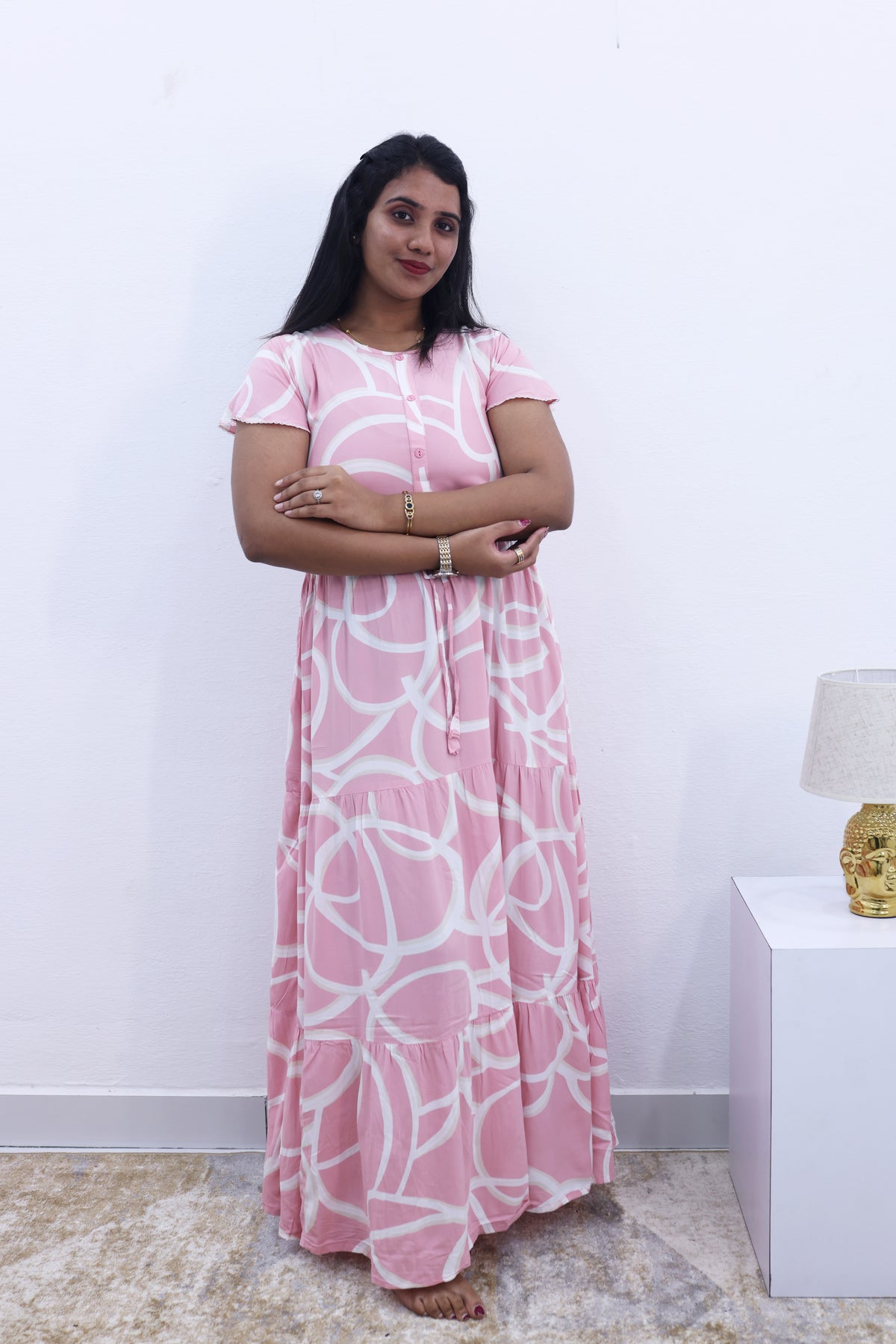 Imported Rayon Gathering Frock Model Night Gown's | Front Adjustable Gathering Style Rope Rope | Front Closed Button | Double Layer Sleeve | Trending Collection's for Stylish Women's (IRF)