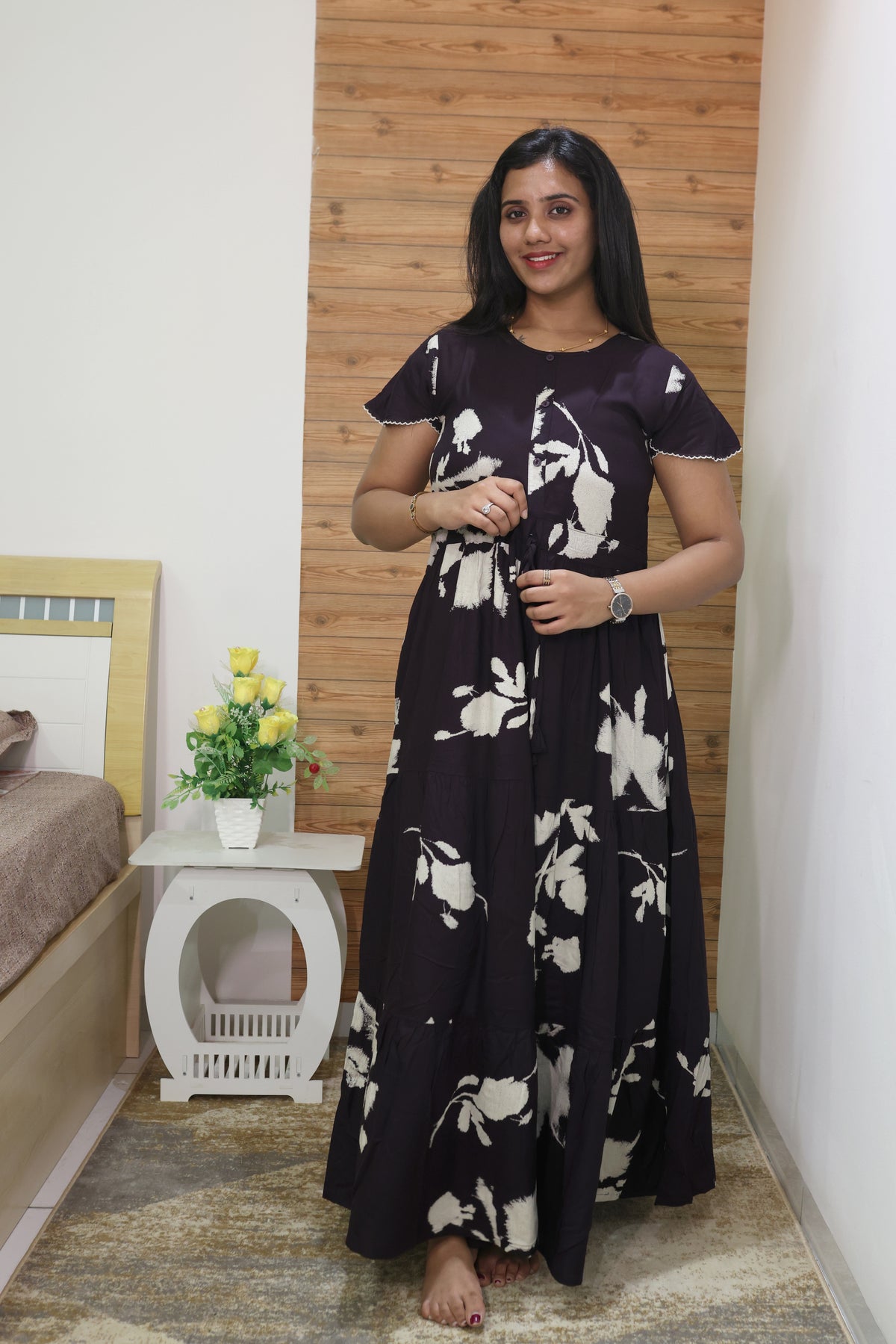 Imported Rayon Gathering Frock Model Night Gown's | Front Adjustable Gathering Style Rope Rope | Front Closed Button | Double Layer Sleeve | Trending Collection's for Stylish Women's (IRF)