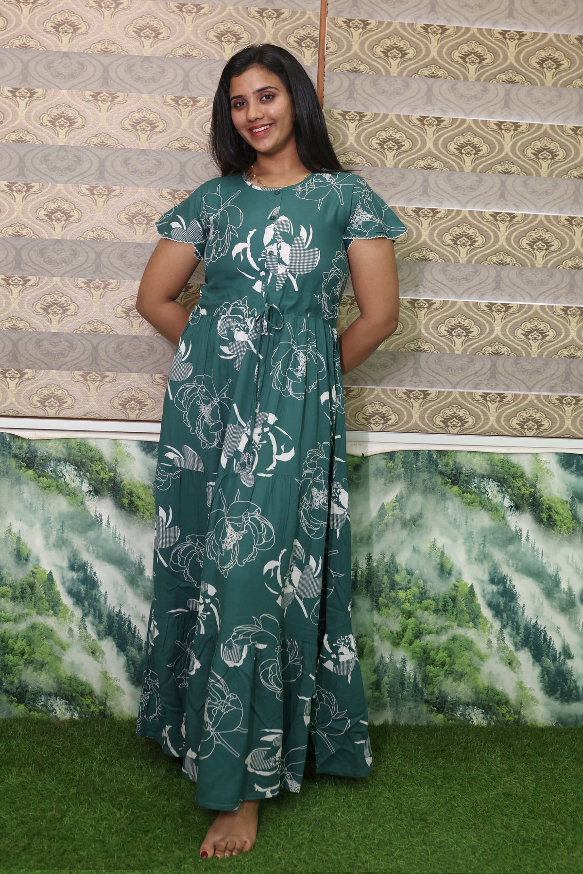 Imported Rayon Gathering Frock Model Night Gown's | Front Adjustable Gathering Style Rope Rope | Front Closed Button | Double Layer Sleeve | Trending Collection's for Stylish Women's (IRF)