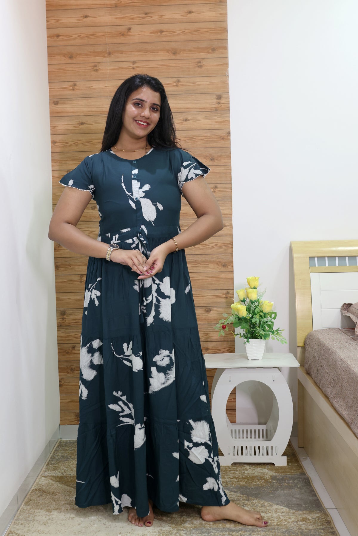 Imported Rayon Gathering Frock Model Night Gown's | Front Adjustable Gathering Style Rope Rope | Front Closed Button | Double Layer Sleeve | Trending Collection's for Stylish Women's (IRF)