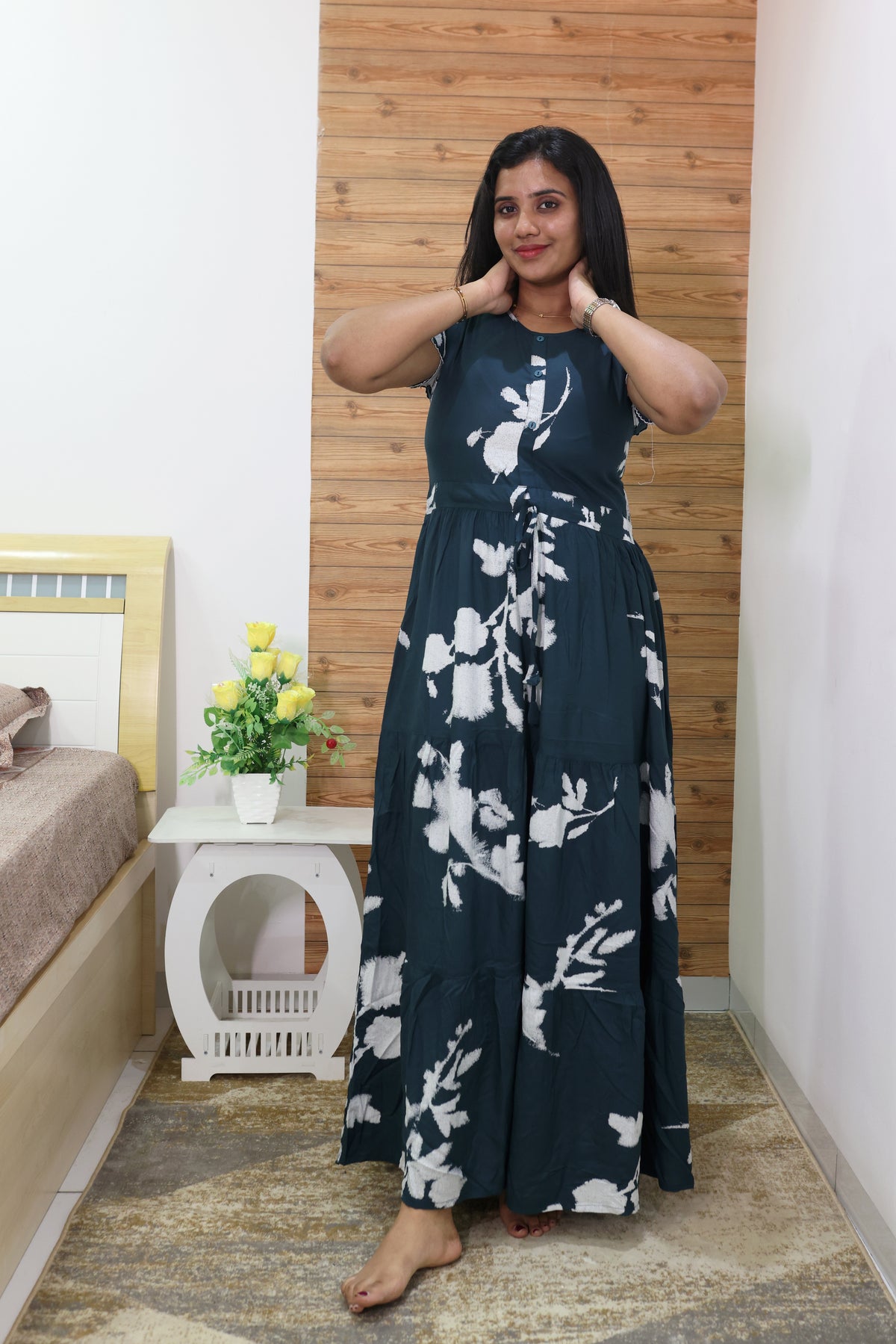 Imported Rayon Gathering Frock Model Night Gown's | Front Adjustable Gathering Style Rope Rope | Front Closed Button | Double Layer Sleeve | Trending Collection's for Stylish Women's (IRF)