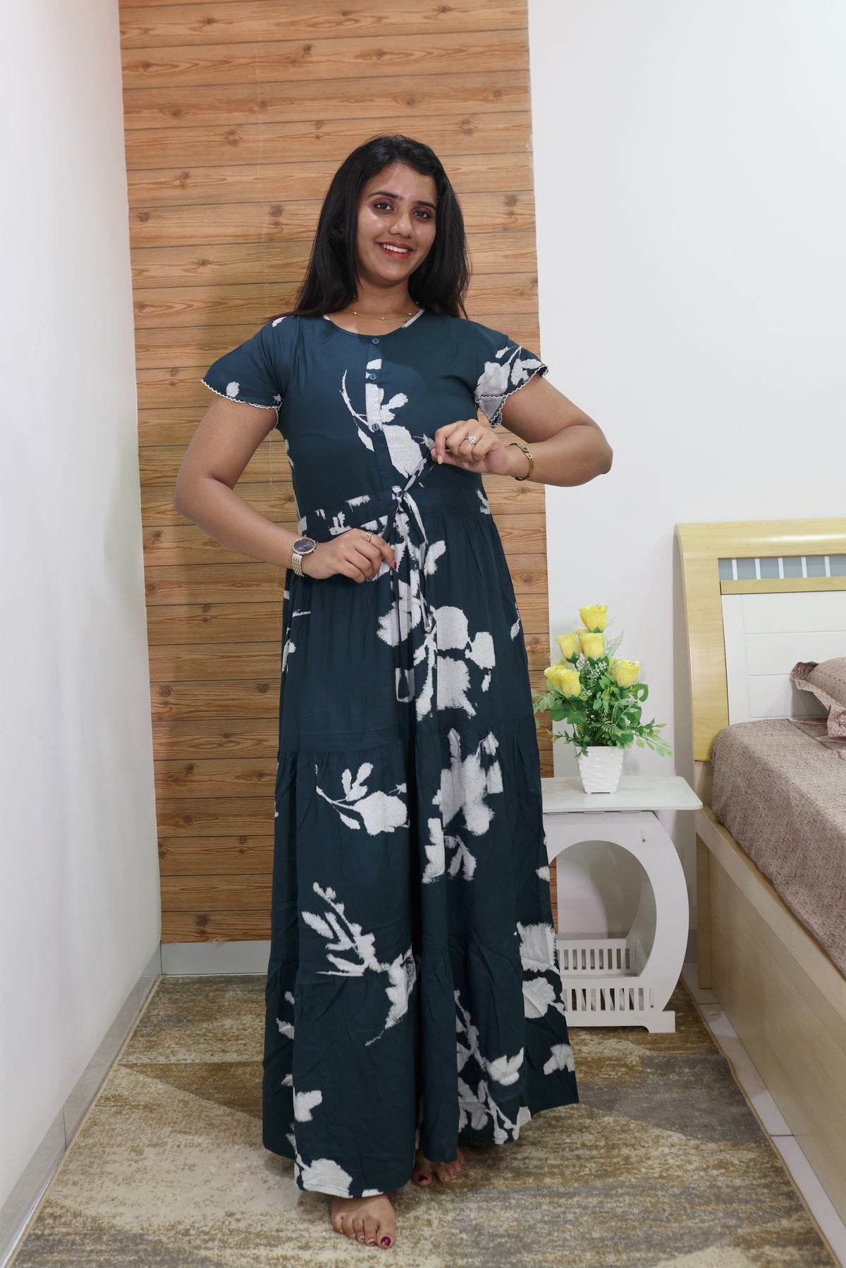 Imported Rayon Gathering Frock Model Night Gown's | Front Adjustable Gathering Style Rope Rope | Front Closed Button | Double Layer Sleeve | Trending Collection's for Stylish Women's (IRF)