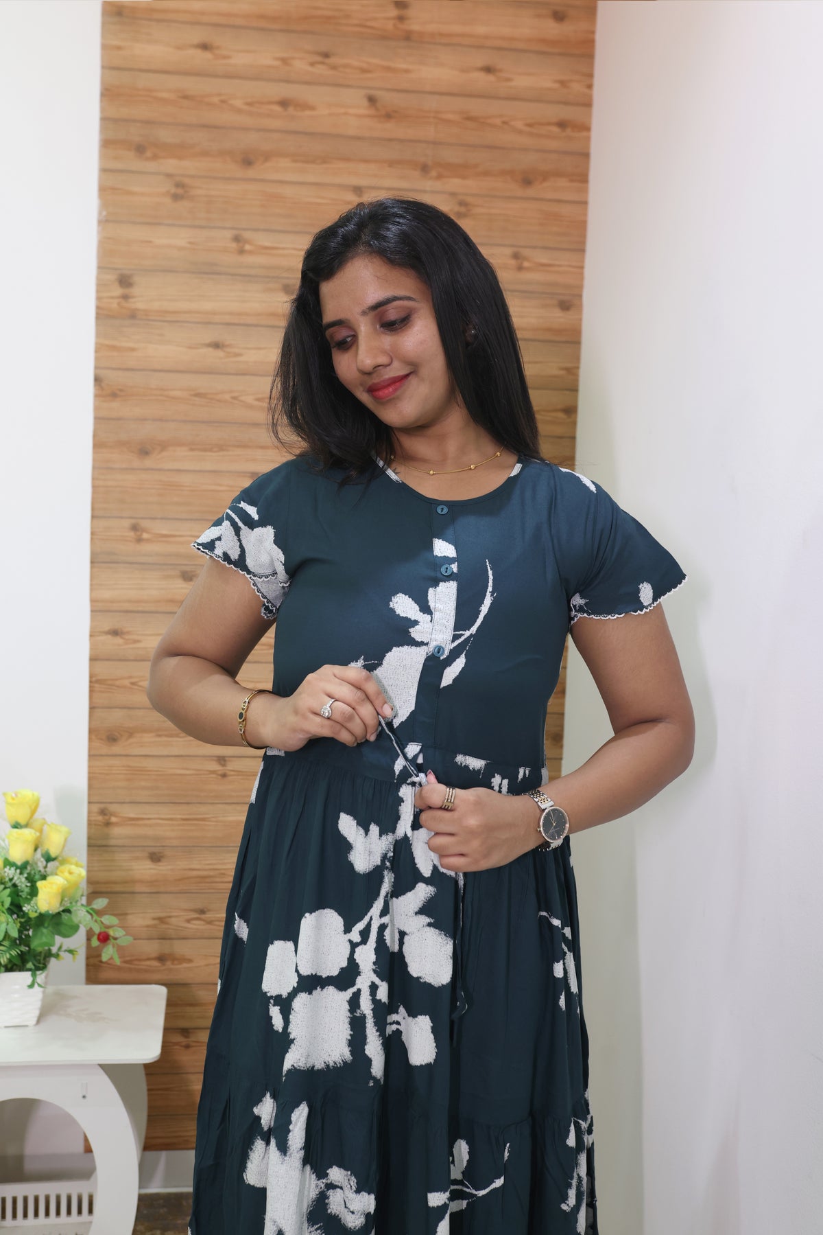 Imported Rayon Gathering Frock Model Night Gown's | Front Adjustable Gathering Style Rope Rope | Front Closed Button | Double Layer Sleeve | Trending Collection's for Stylish Women's (IRF)