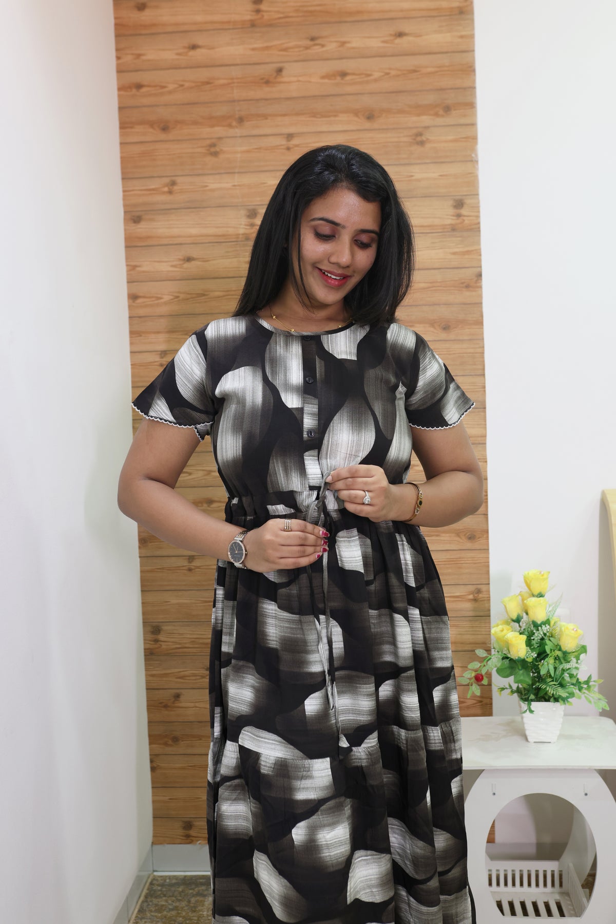 Imported Rayon Gathering Frock Model Night Gown's | Front Adjustable Gathering Style Rope Rope | Front Closed Button | Double Layer Sleeve | Trending Collection's for Stylish Women's (IRF)