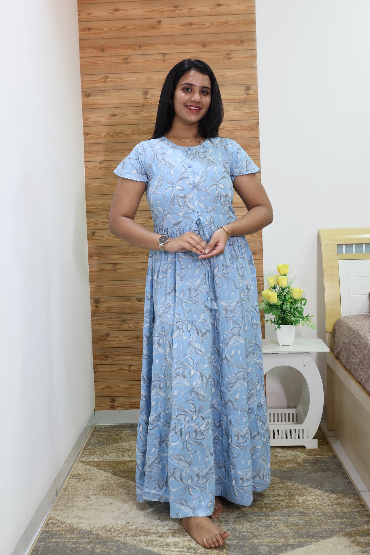 Imported Rayon Gathering Frock Model Night Gown's | Front Adjustable Gathering Style Rope Rope | Front Closed Button | Double Layer Sleeve | Trending Collection's for Stylish Women's (IRF)