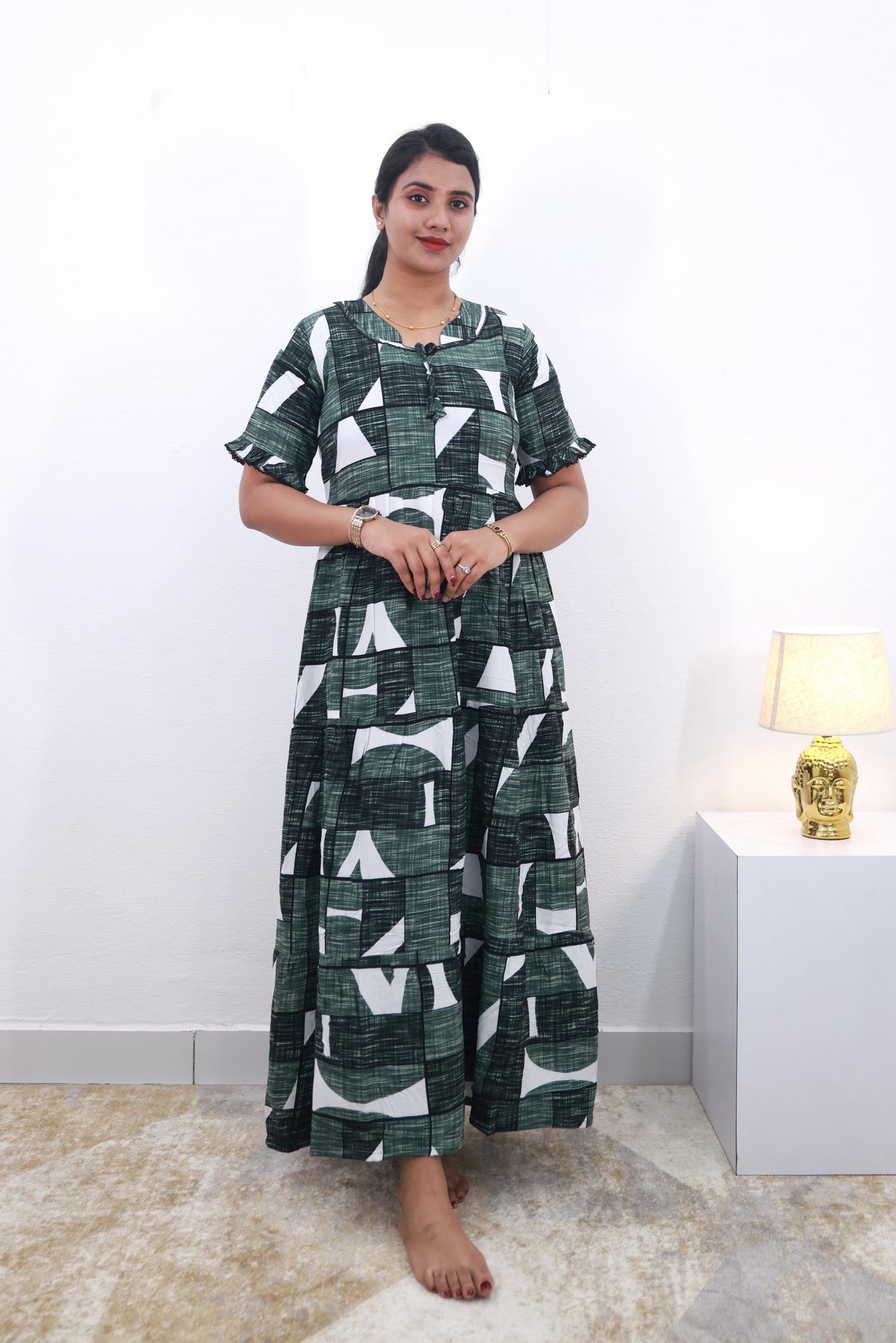 Mangai 3 Layer Frock Model Nighties Soft and smooth Premium Quality Rayon Material , Fancy Frilled Sleeve Side Pocket , Back tie Rope Stylish Collection's for Trendy Women's (MRK)